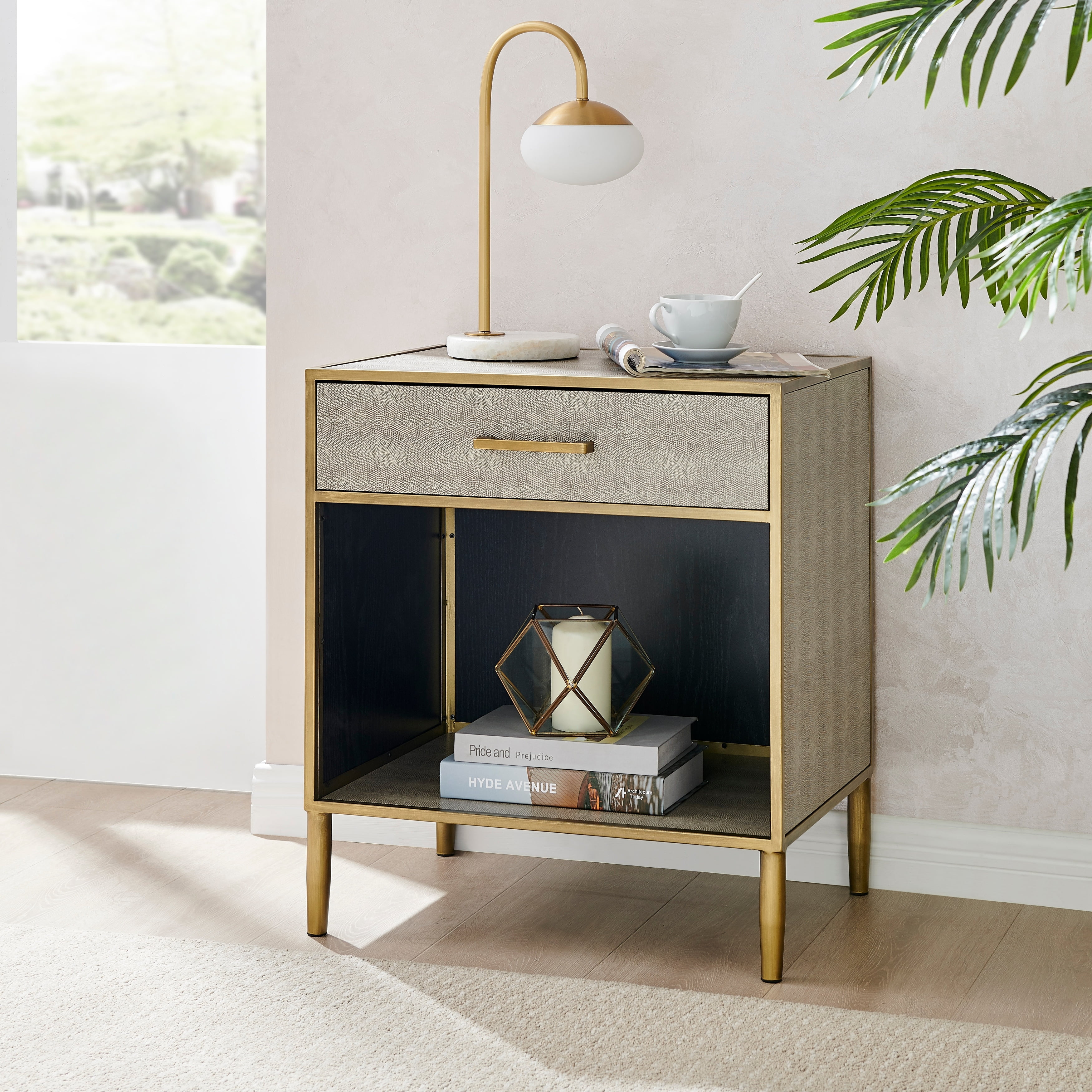 Chronicle Gray Faux Shagreen End Table with Gold Base