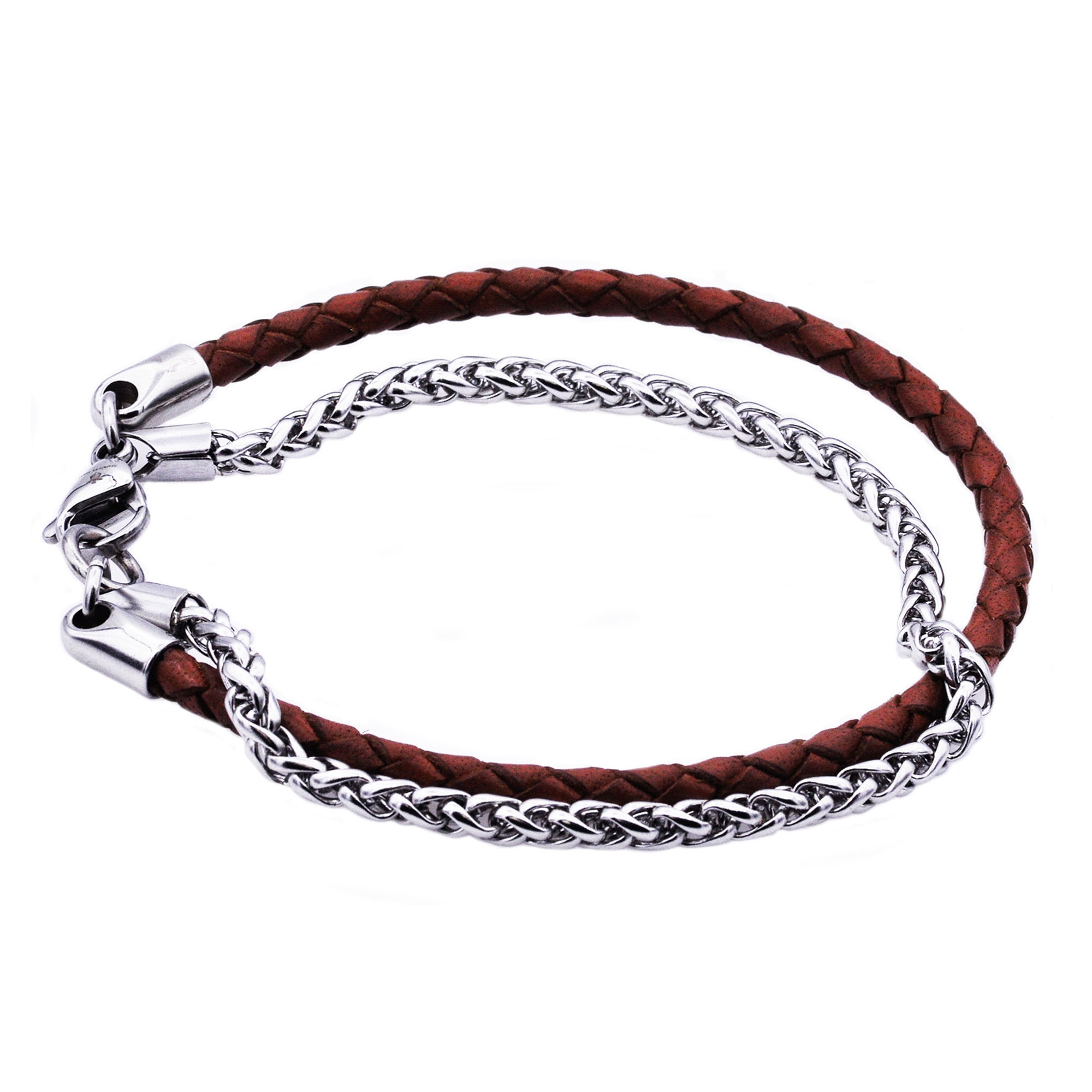 Arista Franco Chain and Brown Leather Men's Bracelet in Stainless Steel, 8"