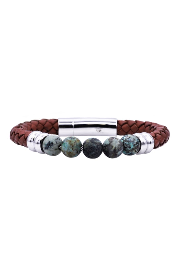 Genuine African Turquoise and Brown Leather Men's Beaded Bracelet in Stainless Steel, 8.5"