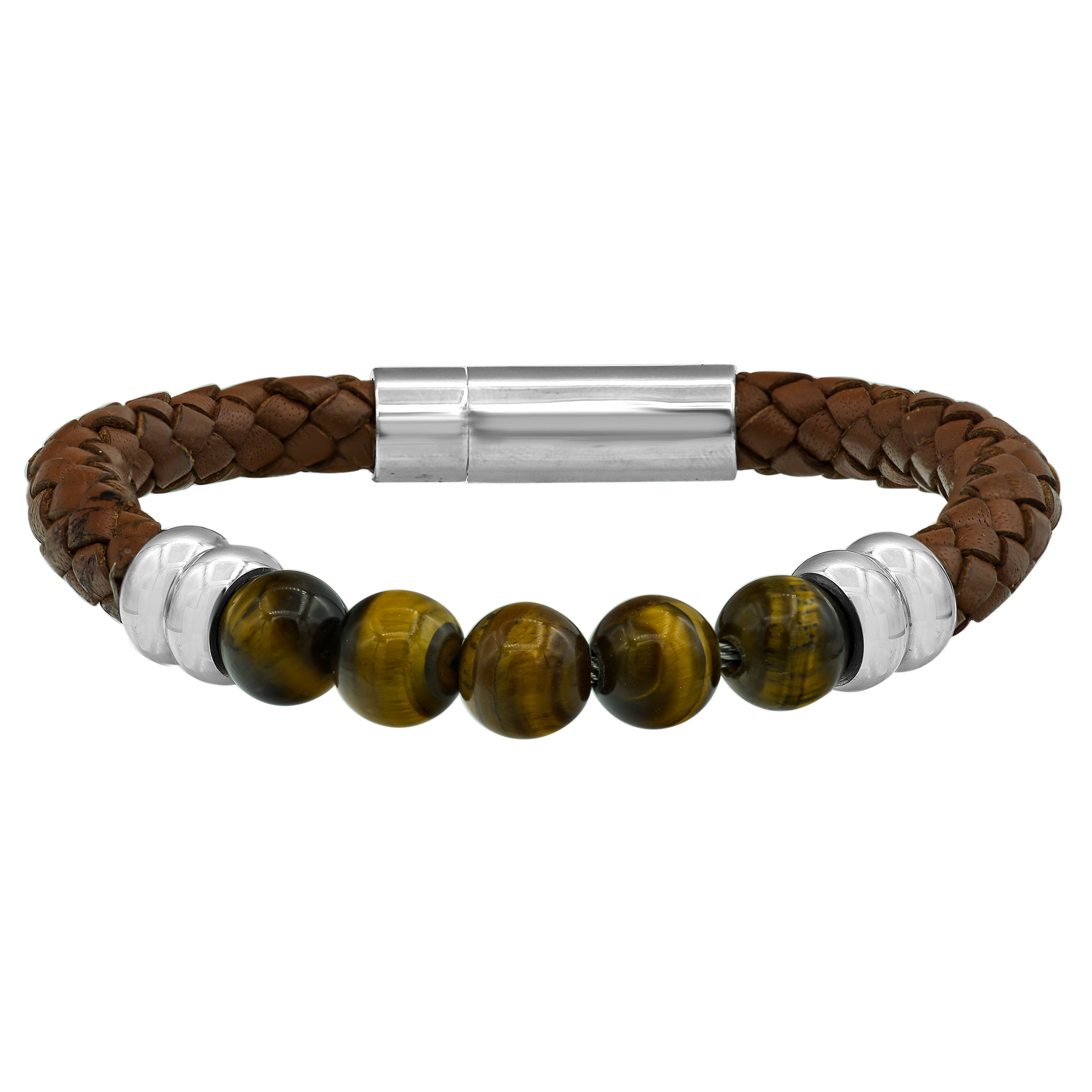Arista Genuine Blue Tiger Eye Men's Bead Bracelet in Stainless Steel, 8.5"