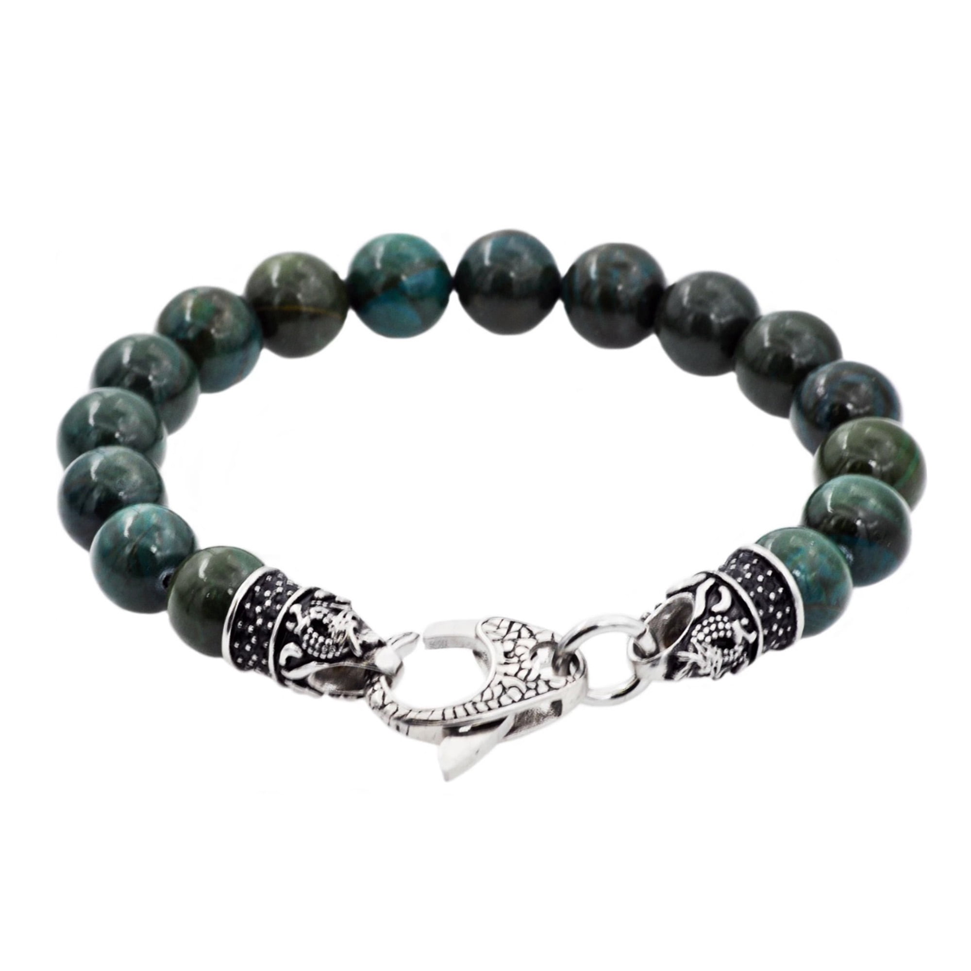 Arista Genuine Green Apatite Solid Beaded Men's Bracelet in Stainless Steel, 8.50"
