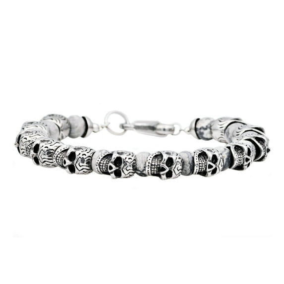 Arista Genuine Grey Caso Jasper Men's Skull Beaded Bracelet in Solid Stainless Steel, 8.5"