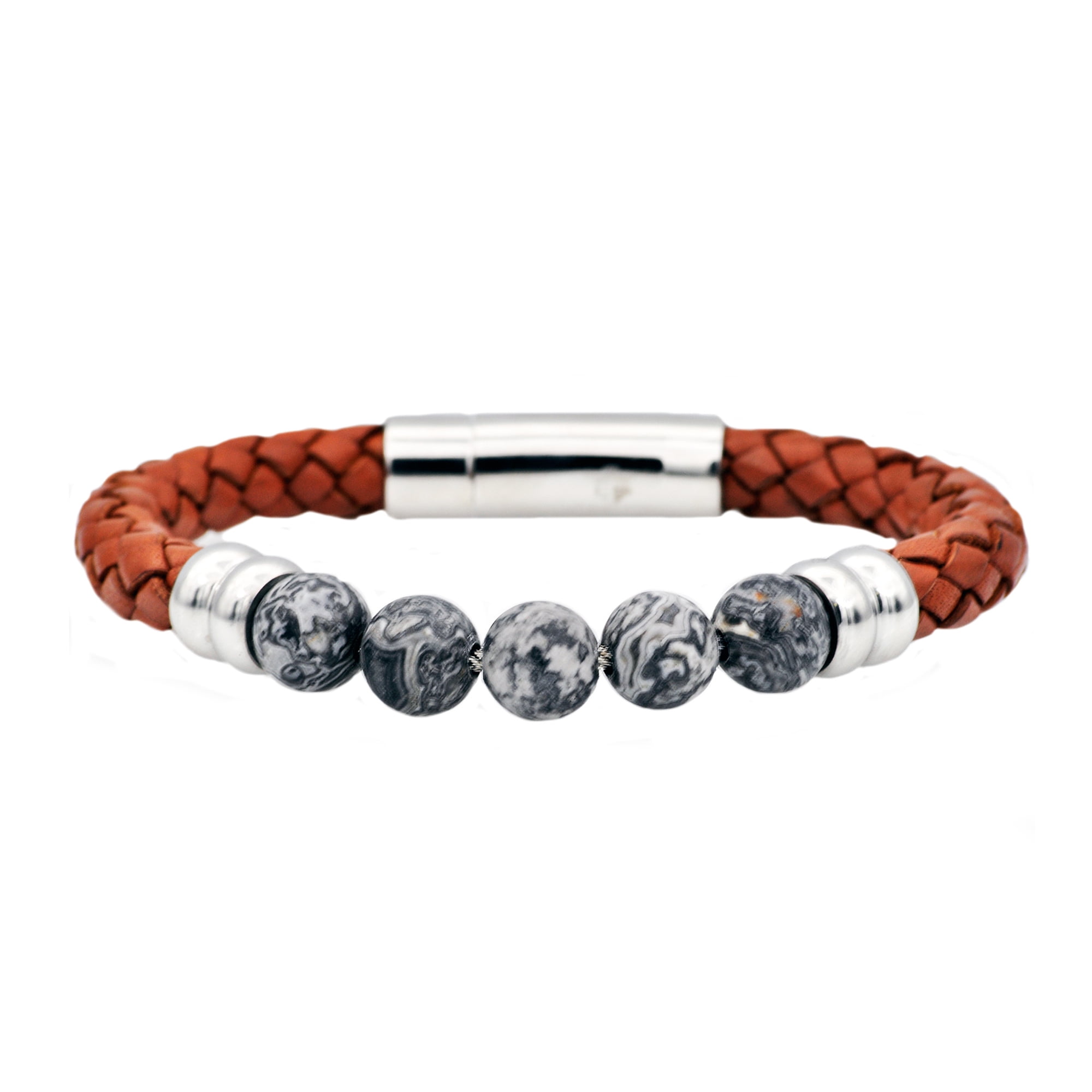 Arista Genuine Grey Jasper and Brown Leather Men's Beaded Bracelet in Stainless Steel, 8.5"