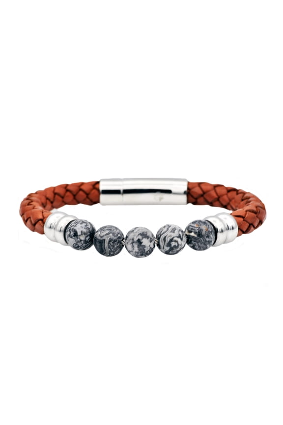 Genuine Grey Jasper and Brown Leather Men's Beaded Bracelet in Stainless Steel, 8.5"