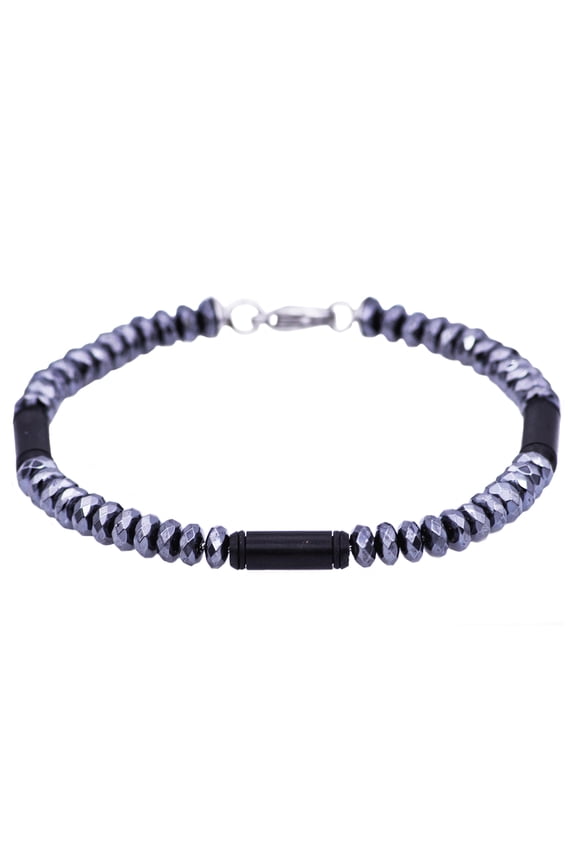 Genuine Hematite Men's Disk Link Chain Bracelet Black Plated Solid Stainless Steel, 8.5"
