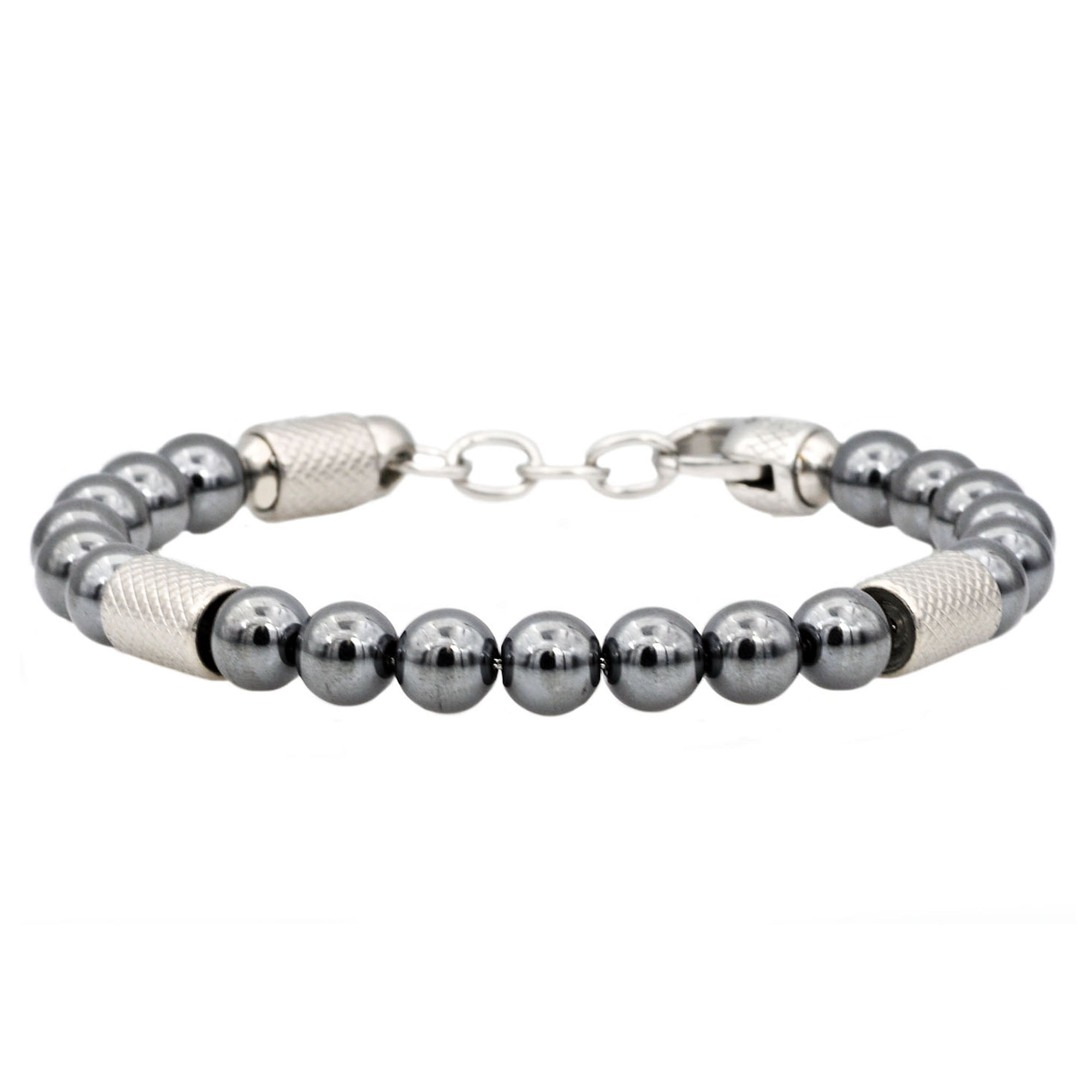 Arista Genuine Hematite Solid Men's Beaded Bracelet in Stainless Steel, 8.5"