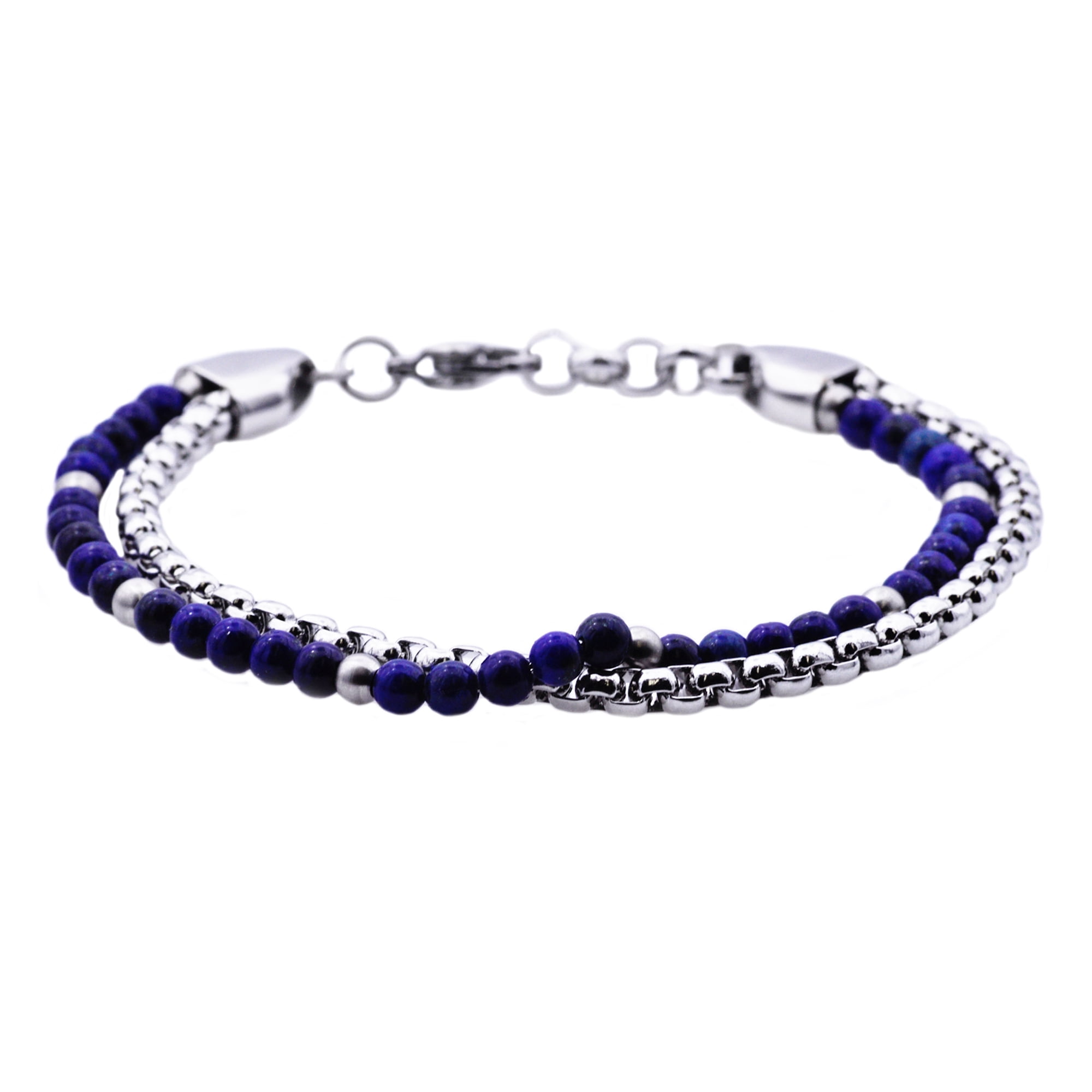 Arista Genuine Lapis Lazuli Men's Beaded Bracelet in Stainless Steel, 8"