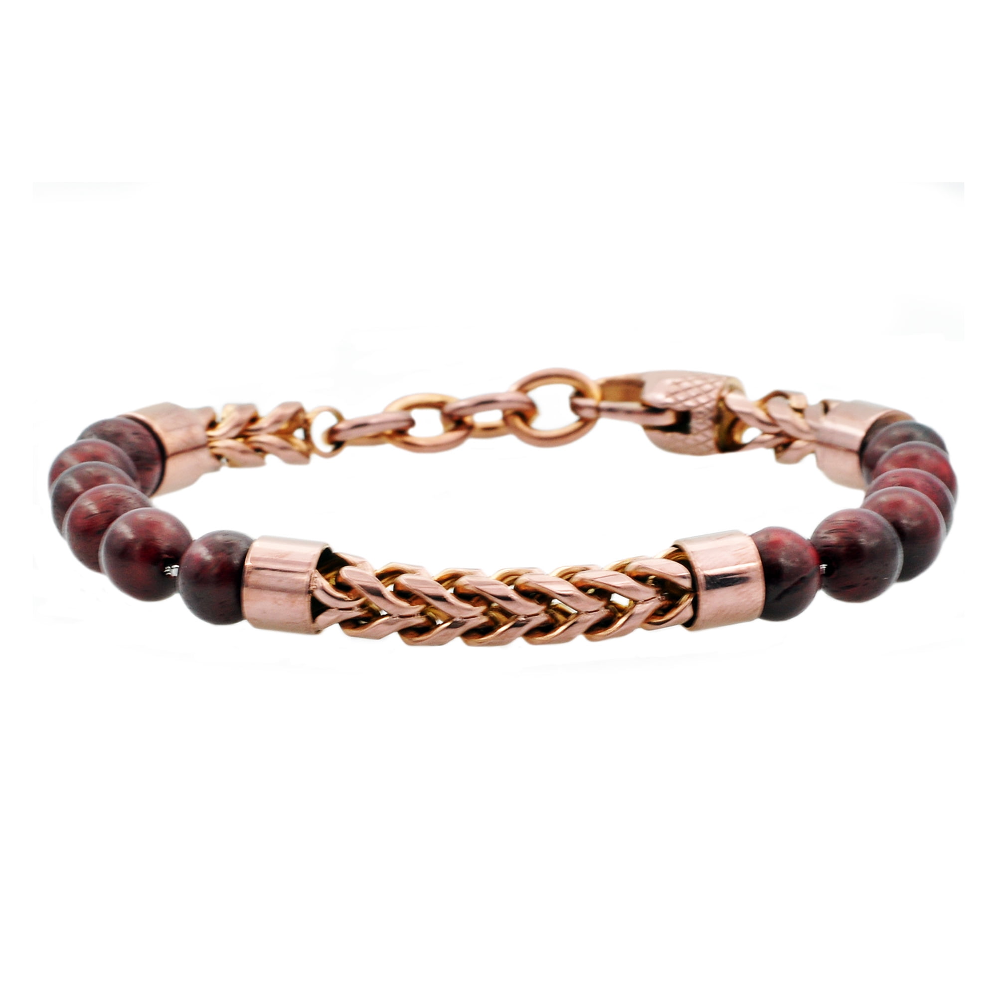 Arista Genuine Red Tiger Eye Men's Bracelet with Adjustable Clasp in Chocolate Plated Stainless Steel Beaded And Franco Link Chain, 8.5"