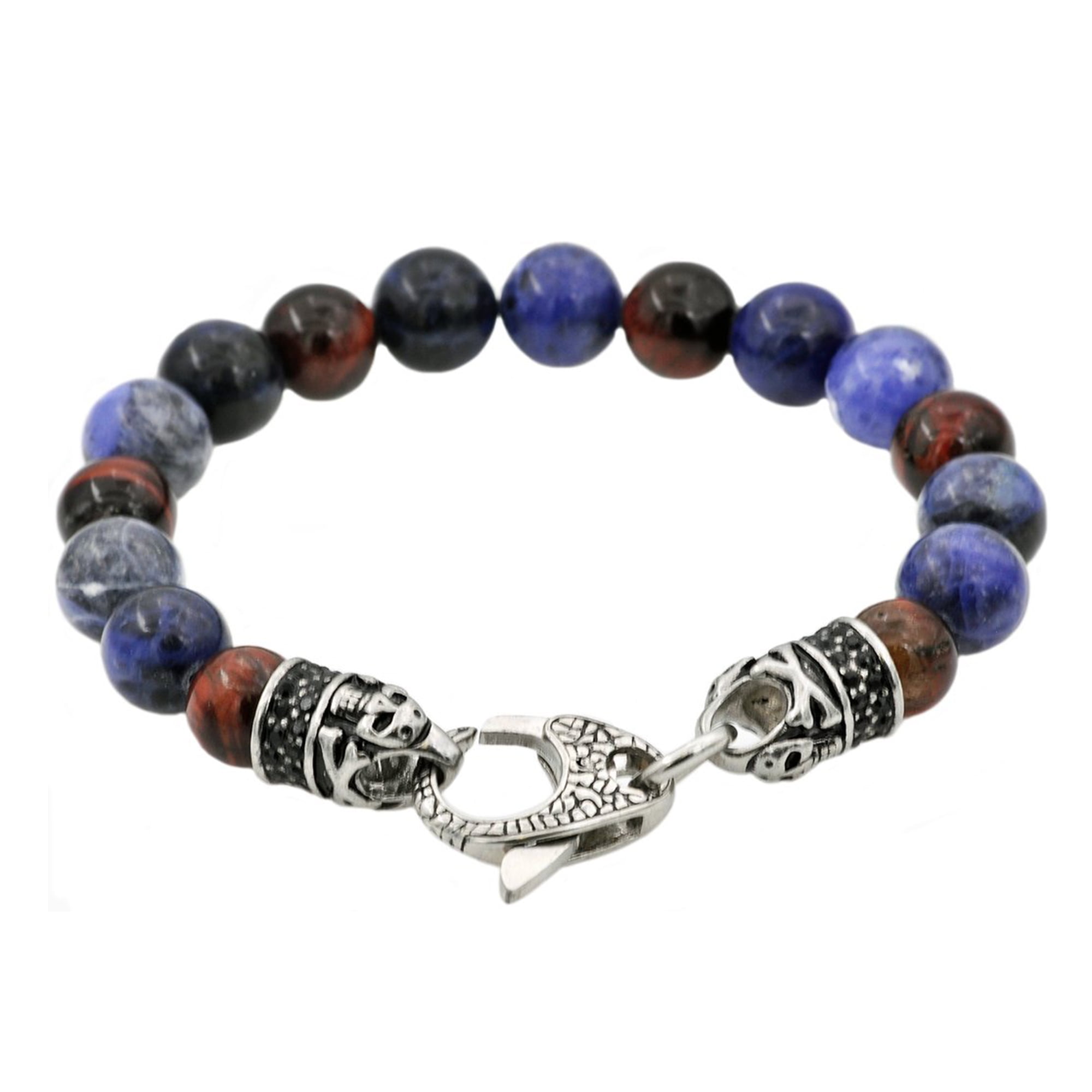 Arista Genuine Red Tiger's Eye and Sodalite Beaded Men's Bracelet in Stainless Steel, 8.50"