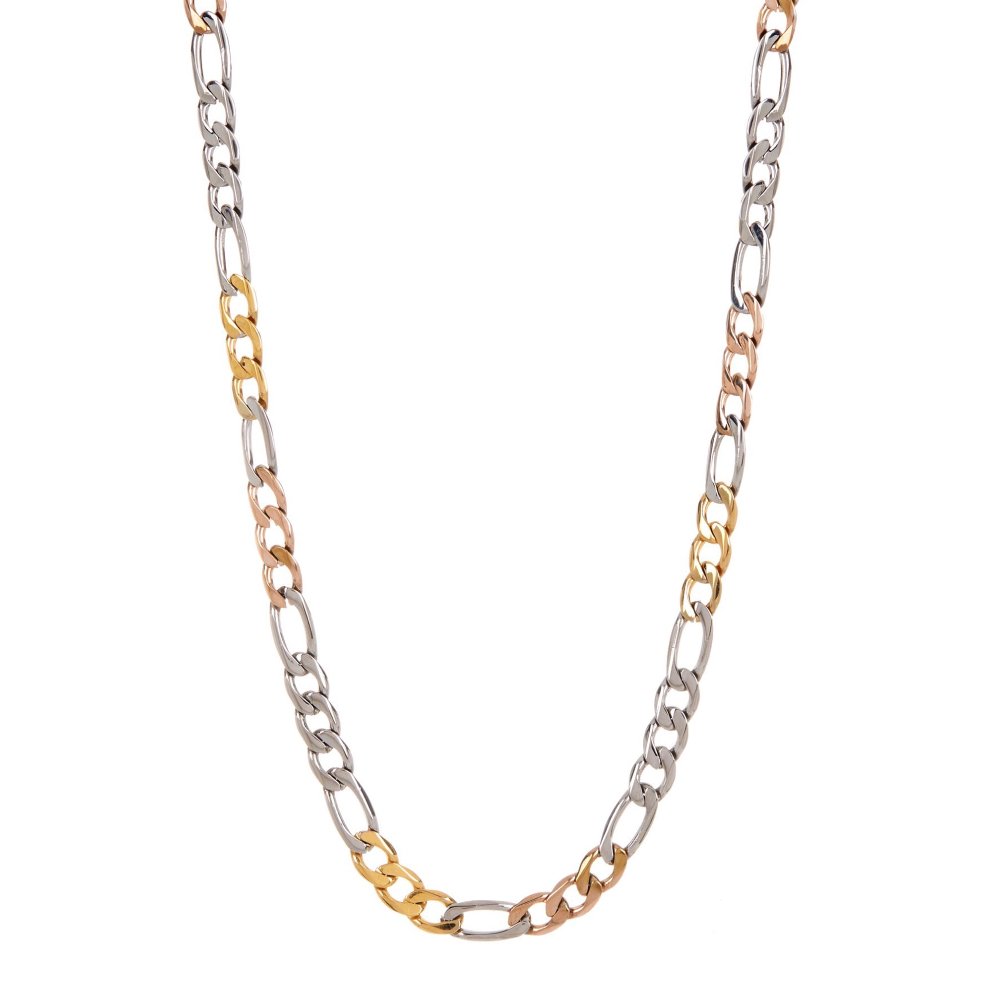 Arista Gold and Rose Plated Stainless Steel Figaro Link Chain Men's Necklace, 24"