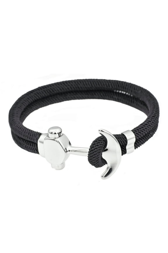 Men's Anchor Bracelet with Adjustable Strap Black Twisted Cotton Rope in Stainless Steel, 8"