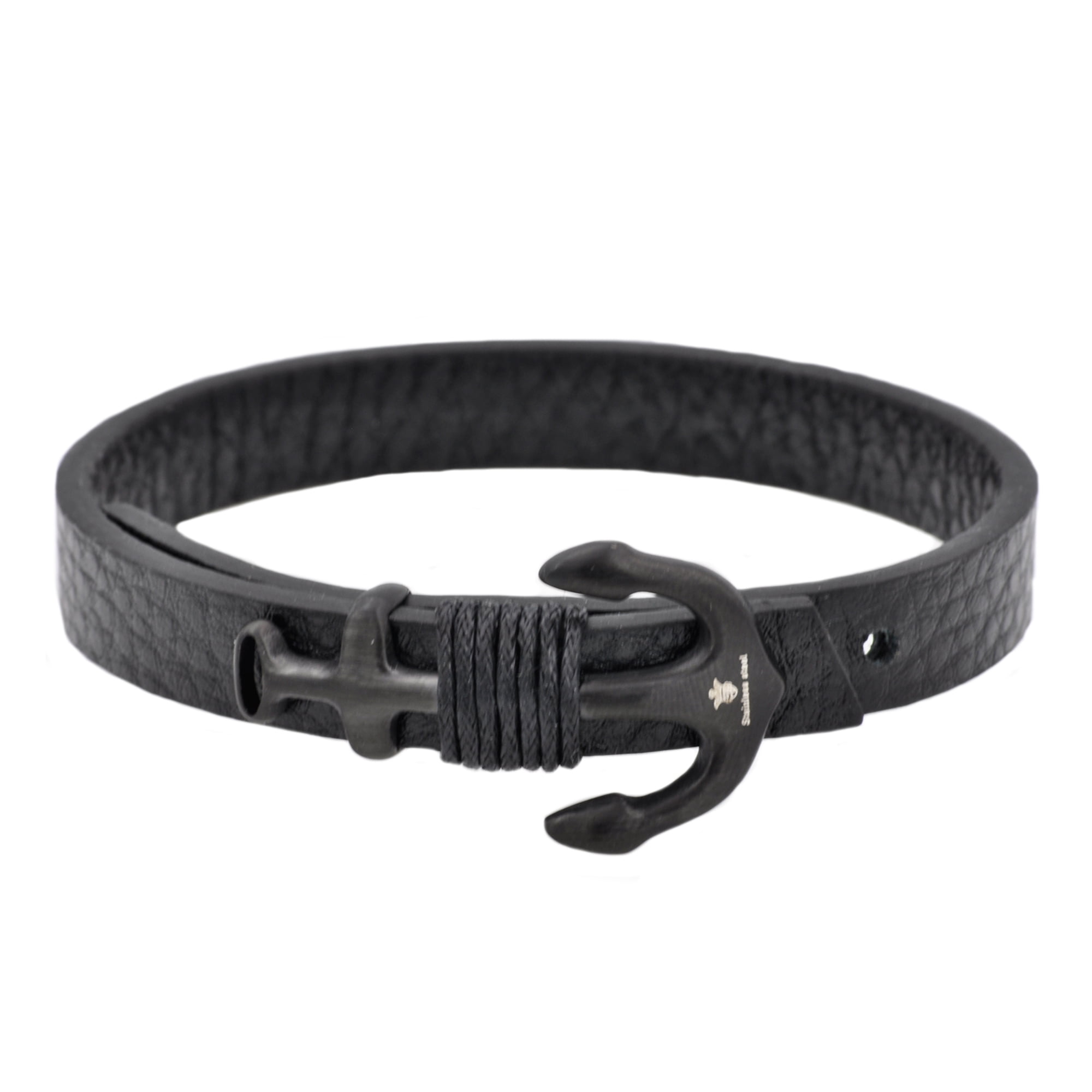 Arista Men's Anchor Bracelet with Adjustable Strap in Black Leather Black Plated Stainless Steel, 8.5"