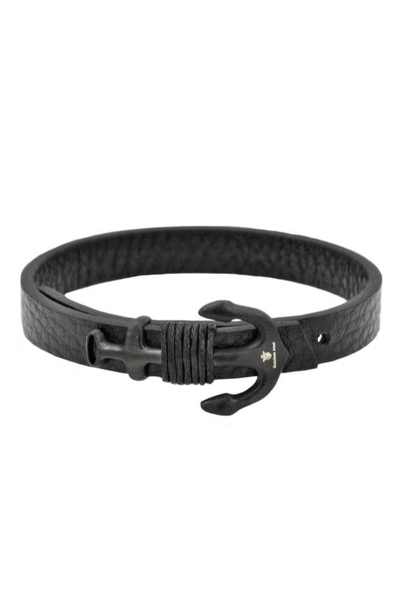 Men's Anchor Bracelet with Adjustable Strap in Black Leather Black Plated Stainless Steel, 8.5"