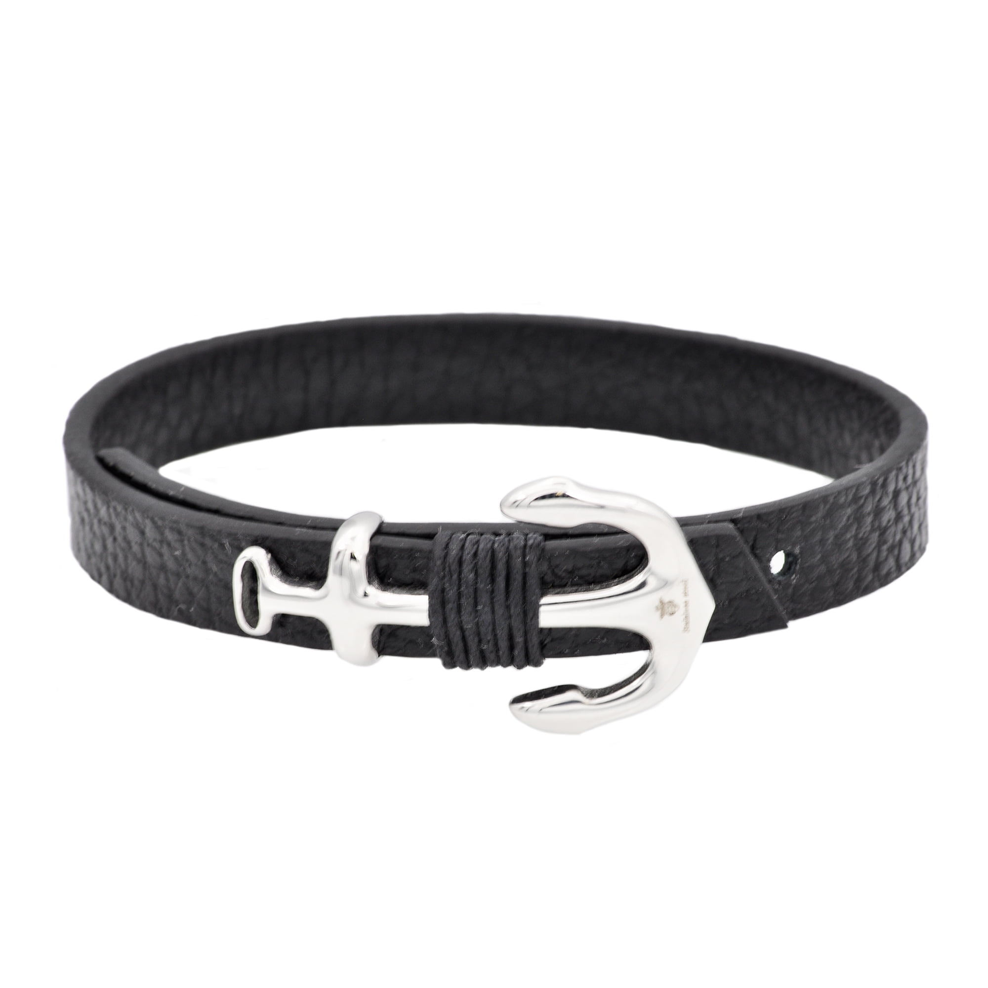 Arista Men's Anchor Bracelet with Adjustable Strap in Black Leather Stainless Steel, 8.5"