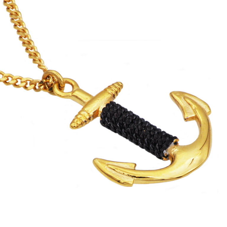 Men's Anchor Pendant Necklace Rope Design 14K White Gold