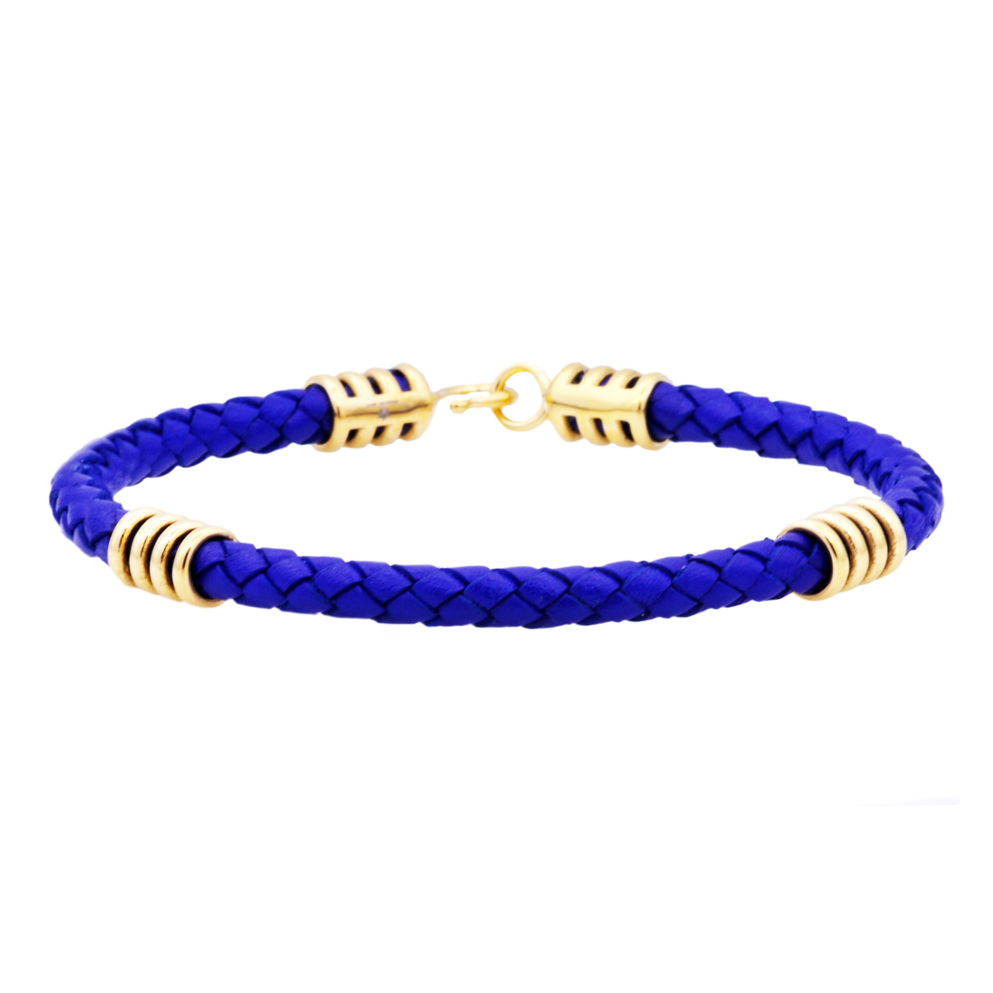 Arista Men's Bracelet in Blue Leather Gold Plated Solid Stainless Steel, 8.5"