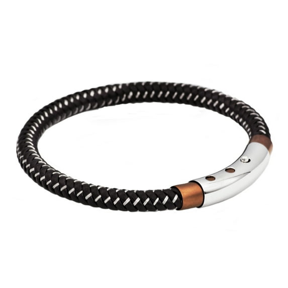 Arista Men's Bracelet in Brown Leather and Chocolate Plated Stainless Steel, 8.5"