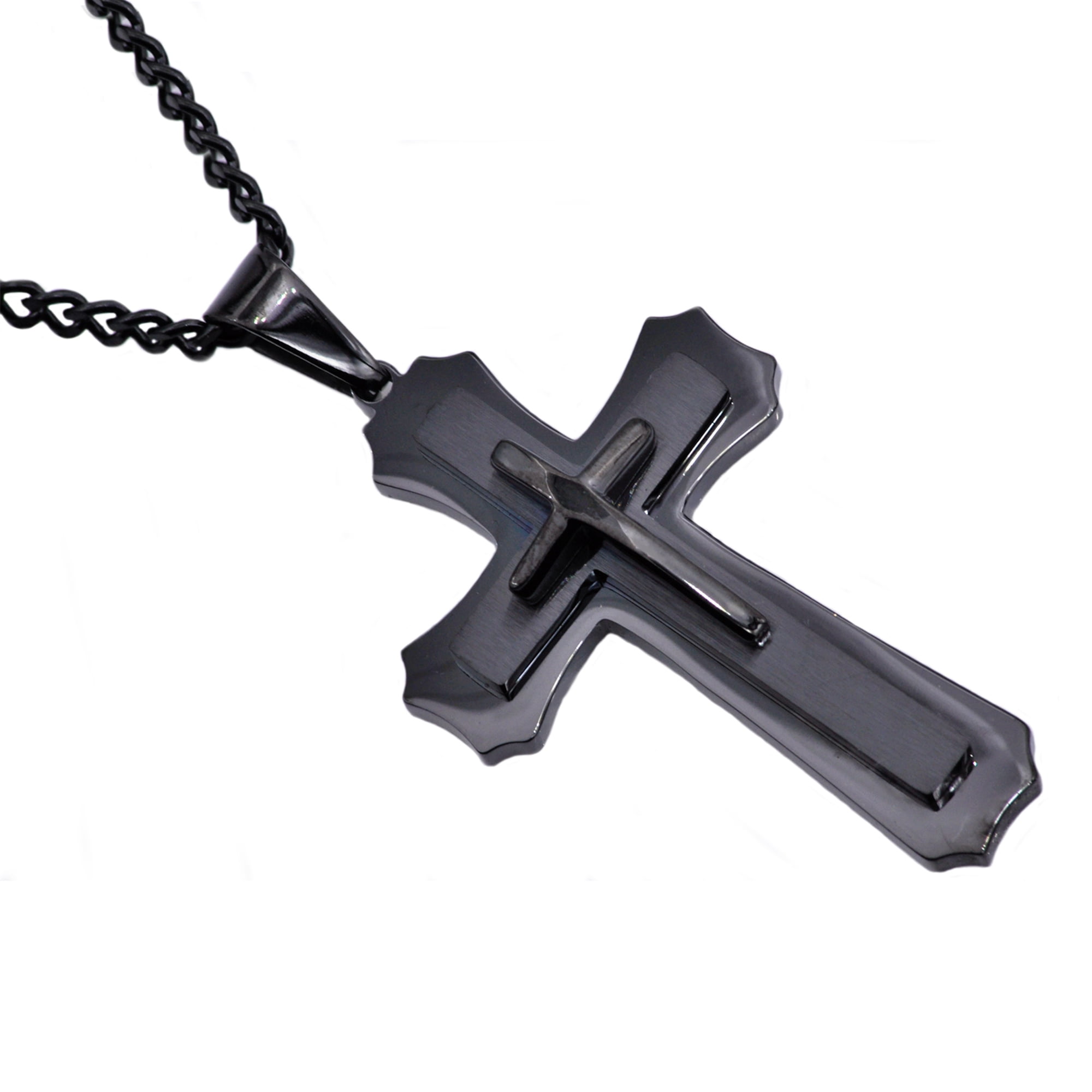 Arista Men's Classic Cross Pendant Necklace in Black Plated Solid Stainless Steel, 24"