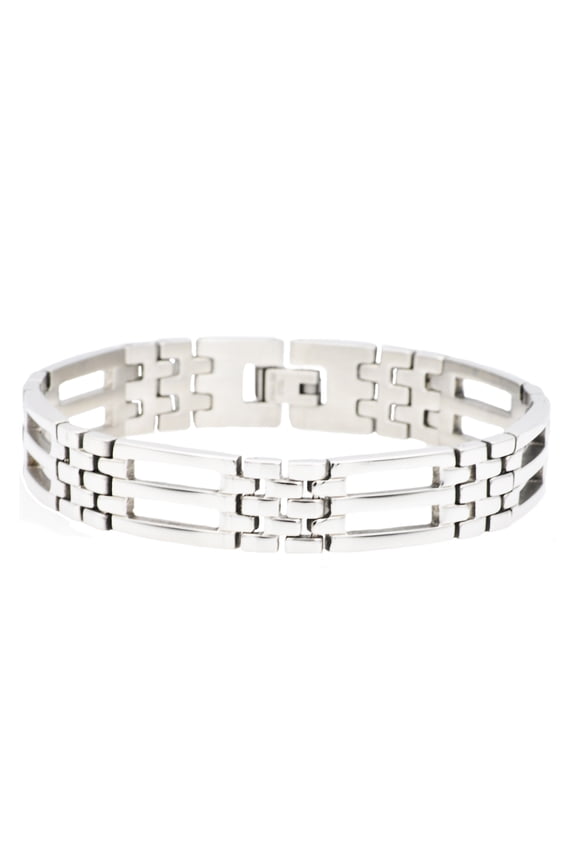 Men's Classic Three Row Link Bracelet in Plain Solid Stainless Steel, 8.5"