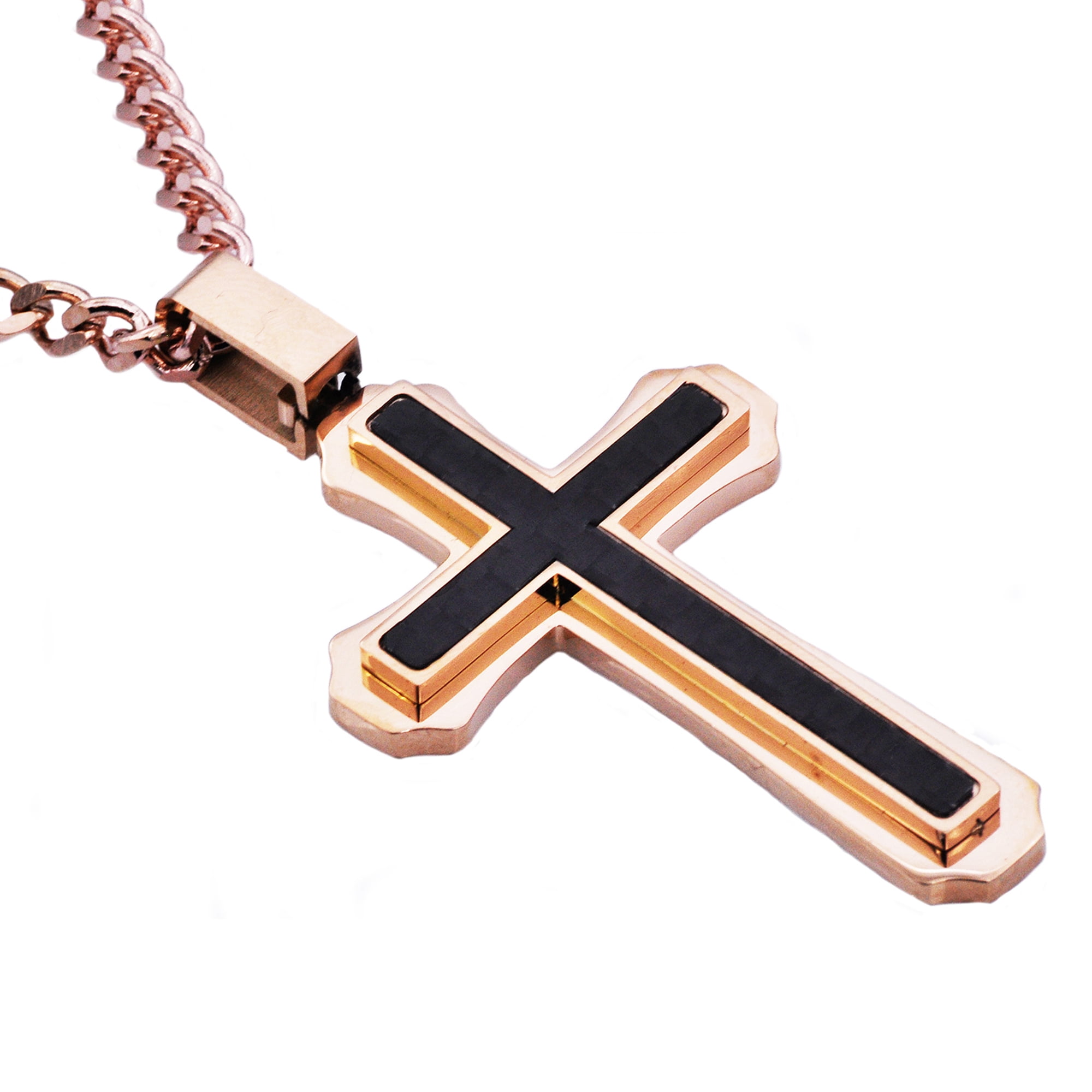Arista Men's Cross Pendant in Carbon Fiber Rose Gold Plated Solid Stainless Steel, 24"