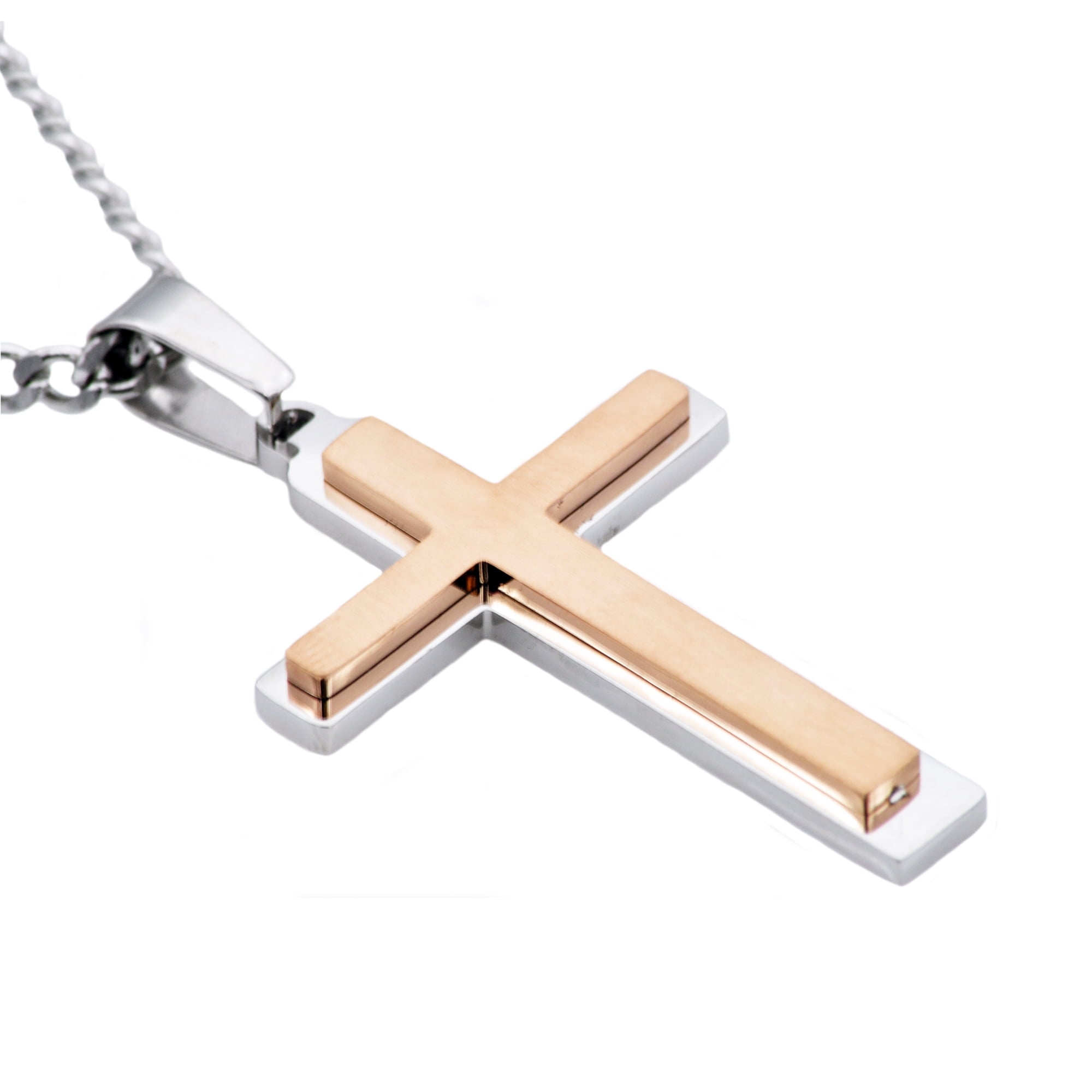 Arista Men's Cross Pendant in Rose Gold Plated Solid Stainless Steel, 24"