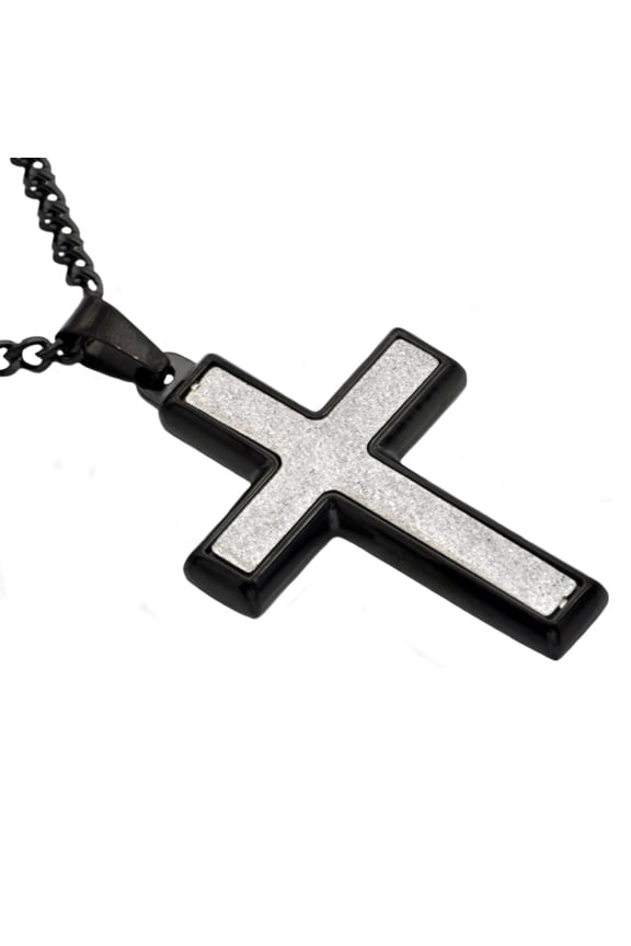 Men's Cross Pendant in Sandblasted Black Plated Solid Stainless Steel, 24"