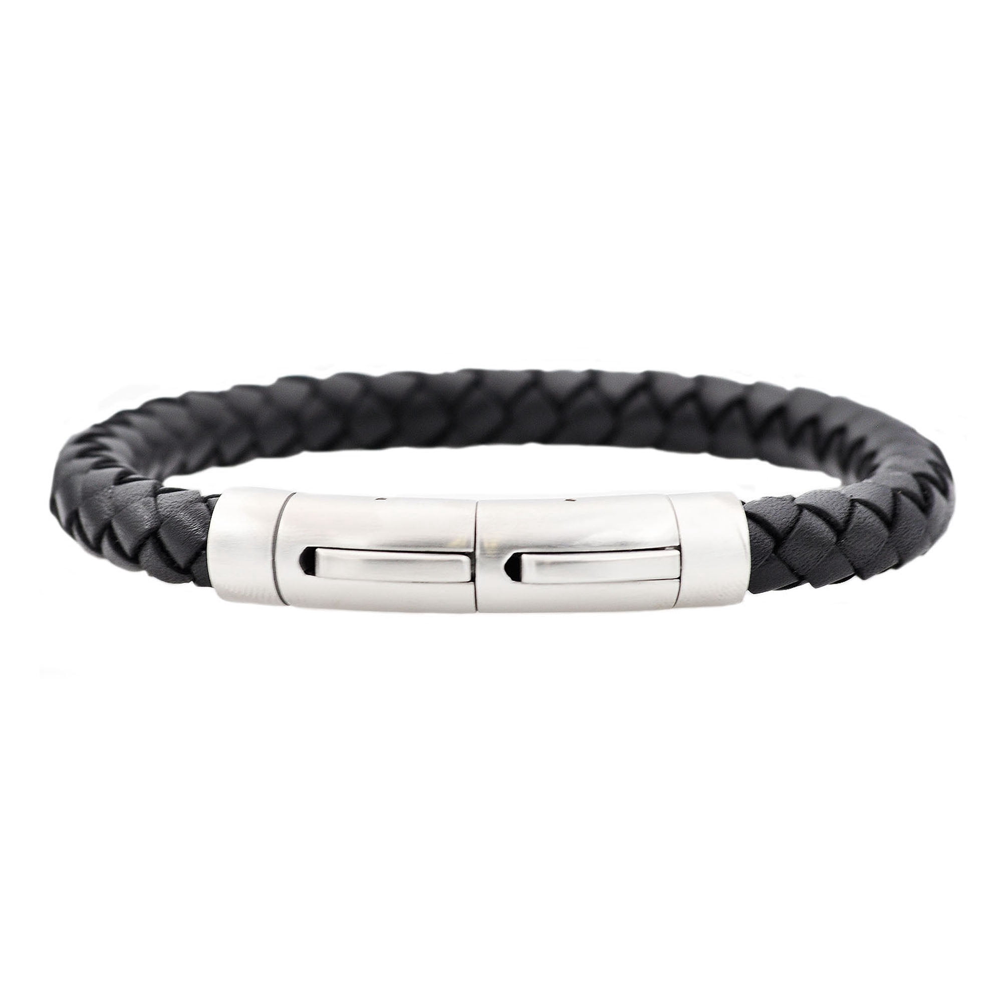 Arista Men's Extendable Bracelet in Black Leather & Solid Stainless Steel , 8.5"