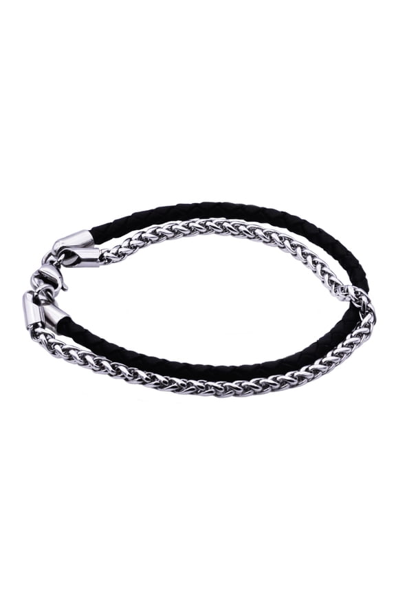 Men's Franco Chain and Black Leather Bracelet in Stainless Steel, 8"