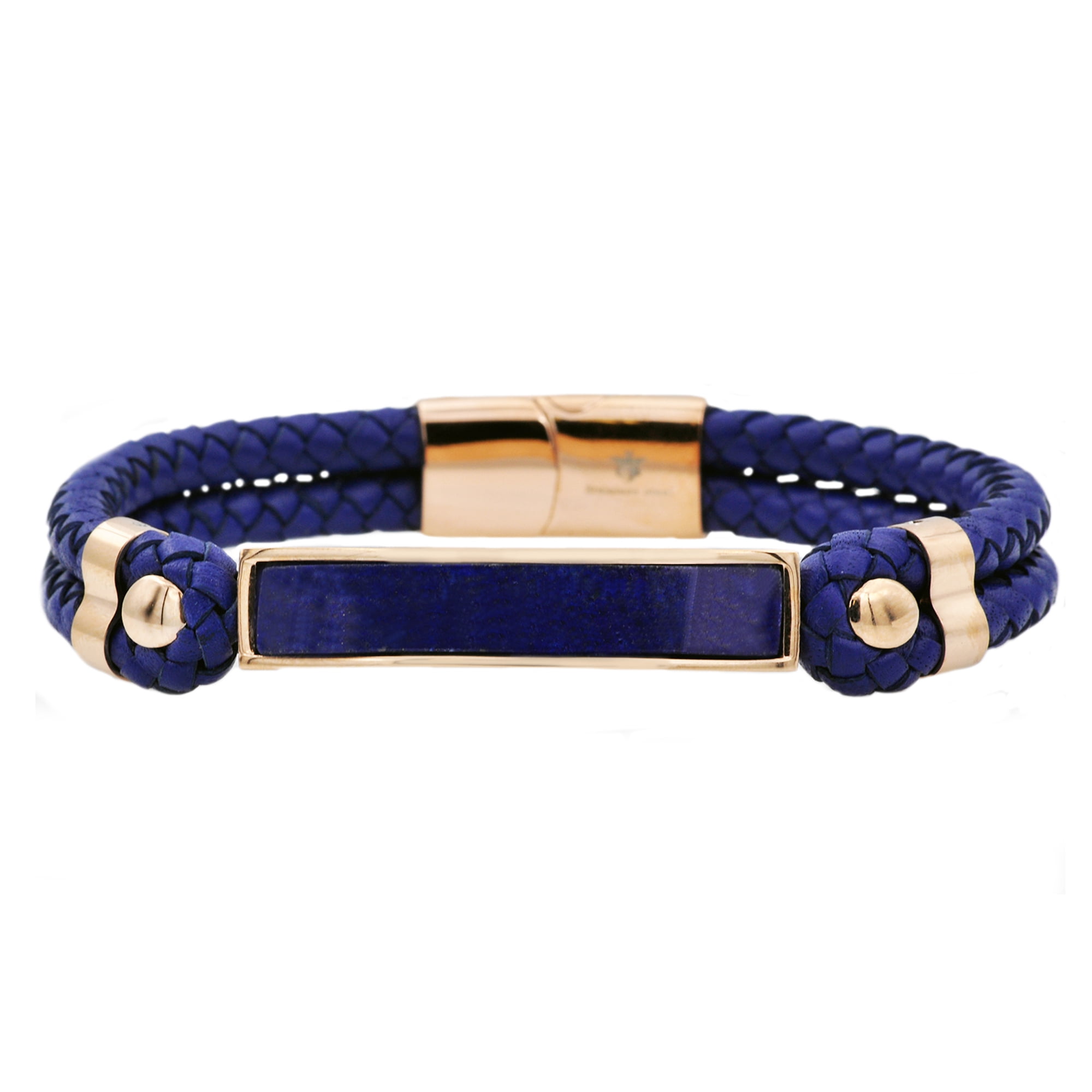 Arista Men's Genuine Lapis Lazuli and Navy Leather Bracelet in Rose Plated Stainless Steel, 8.5"