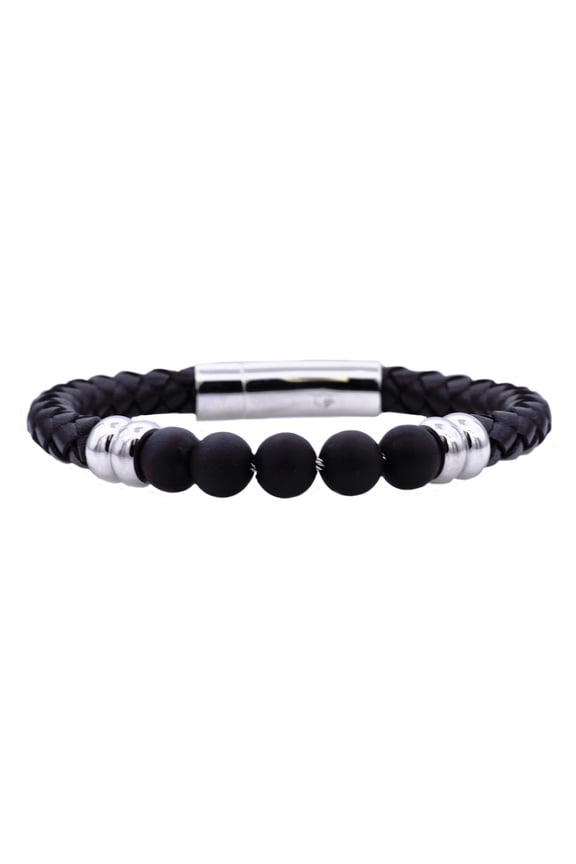 Men's Genuine Onyx and Black Leather Beaded Bracelet in Stainless Steel, 8.5"