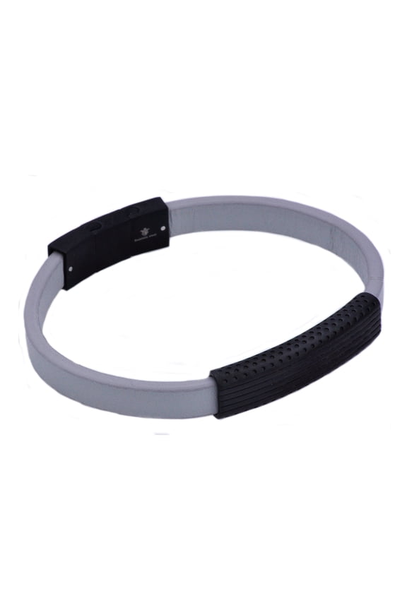Men's Grey Leather Bracelet in Black Plated Solid Stainless Steel, 8"