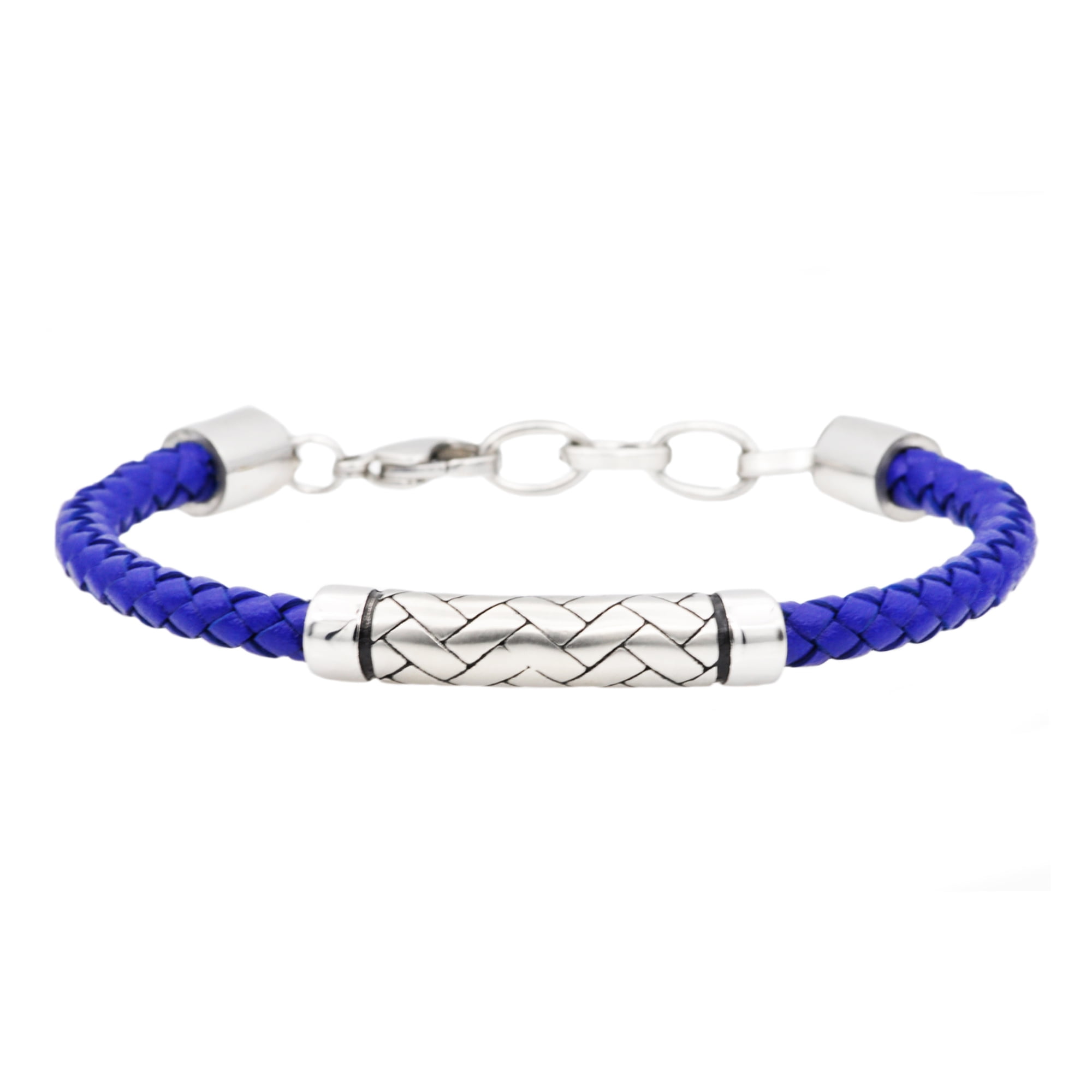Arista Men's Rope Design Bracelet in Blue Leather Solid Stainless Steel, 8.5"