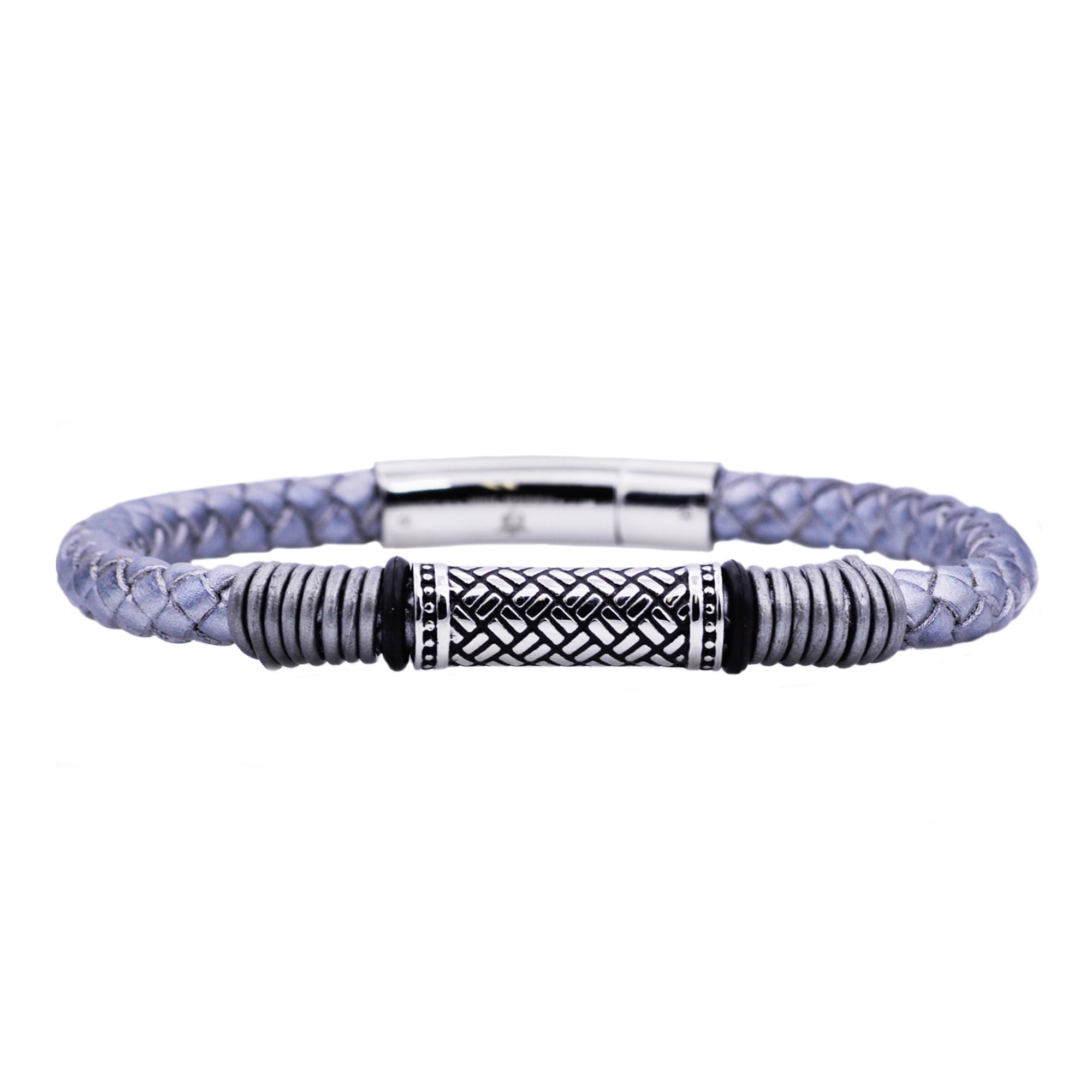 Arista Men's Rope Design Bracelet in Grey Leather Solid Stainless Steel, 8.5"