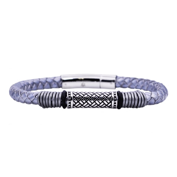 Arista Men's Rope Design Bracelet in Grey Leather Solid Stainless Steel, 8.5"