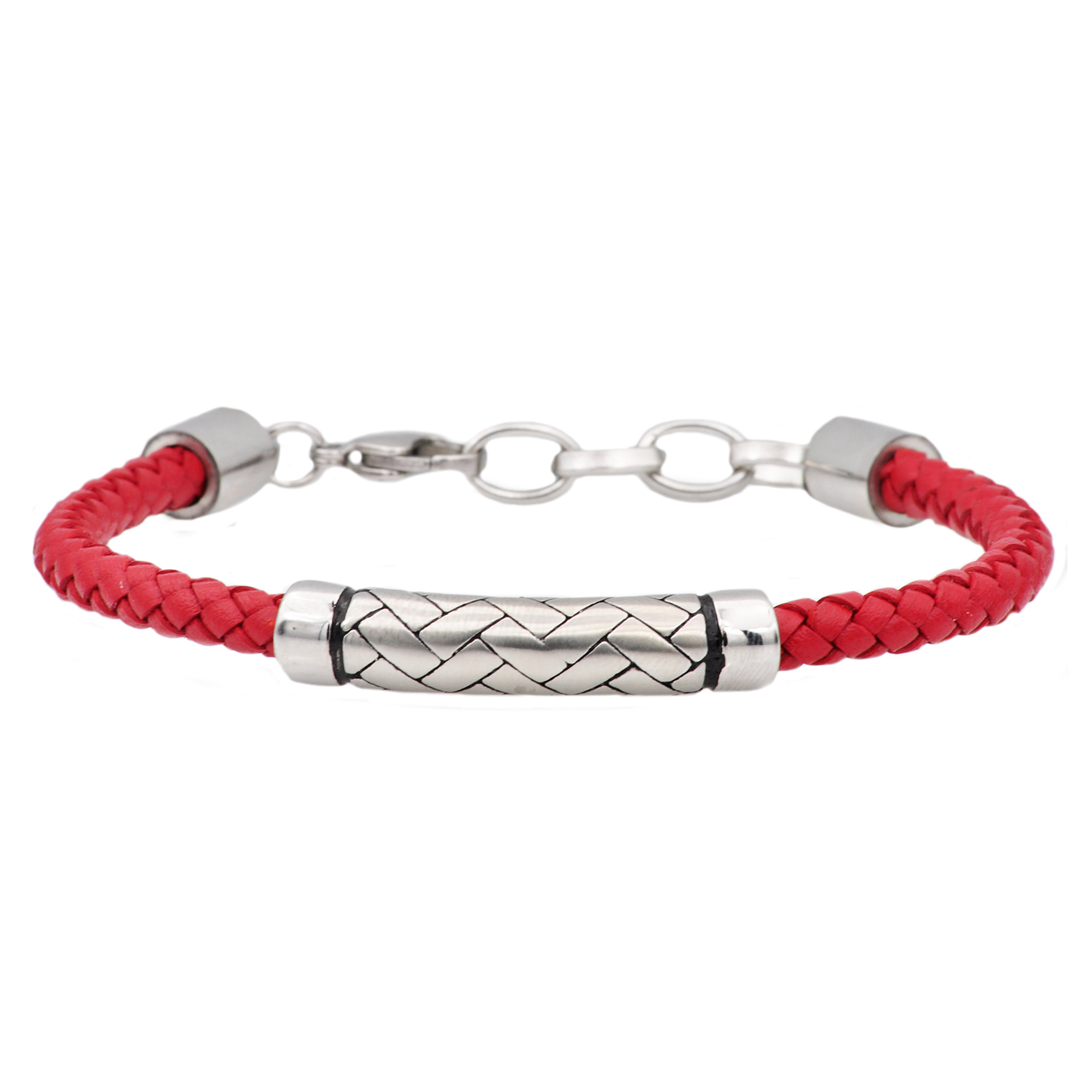 Arista Men's Rope Design Bracelet in Red Leather Solid Stainless Steel, 8.5"