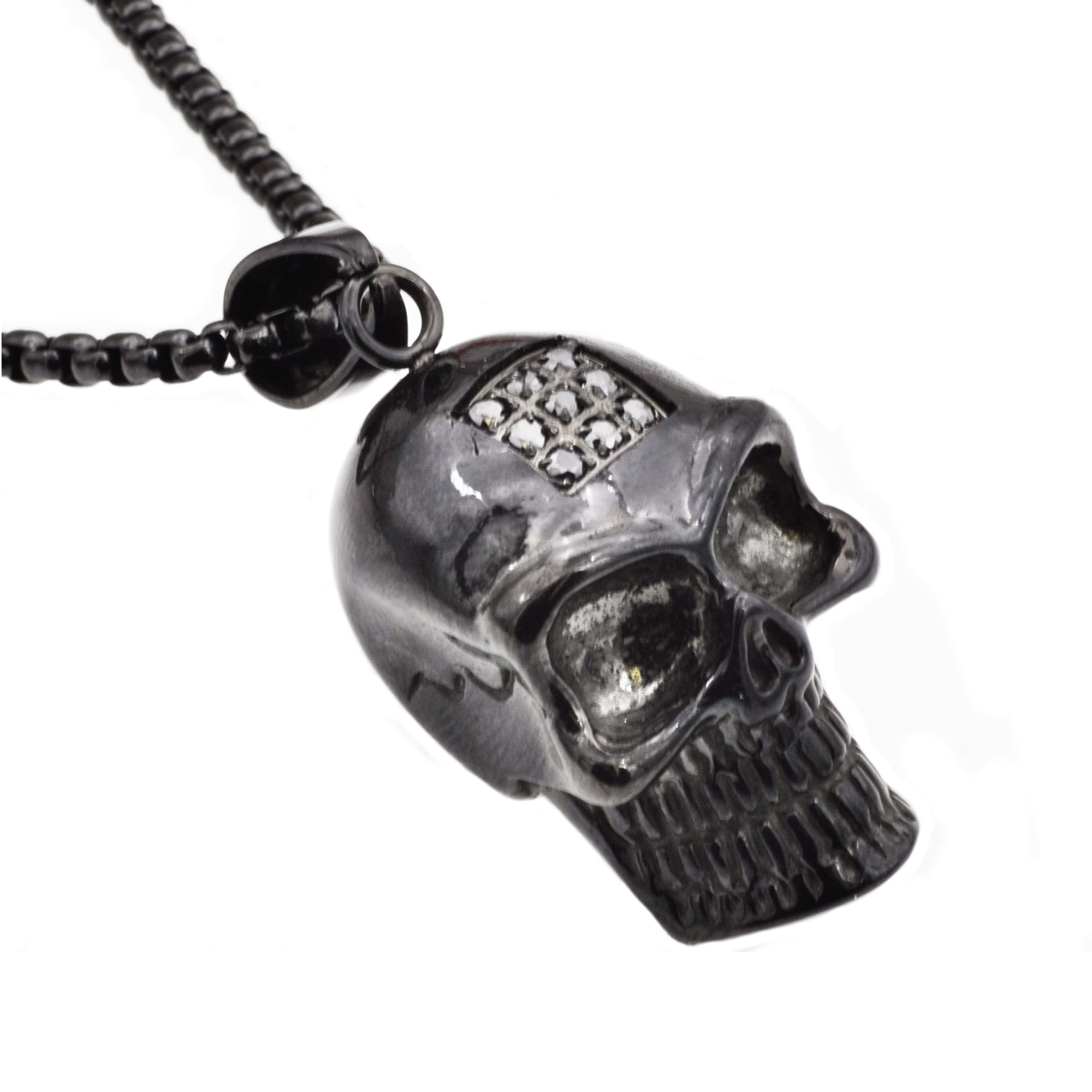 Arista Men's Skull Pendant Necklace with Black Cubic Zirconia in Black Plated Stainless Steel, 24"