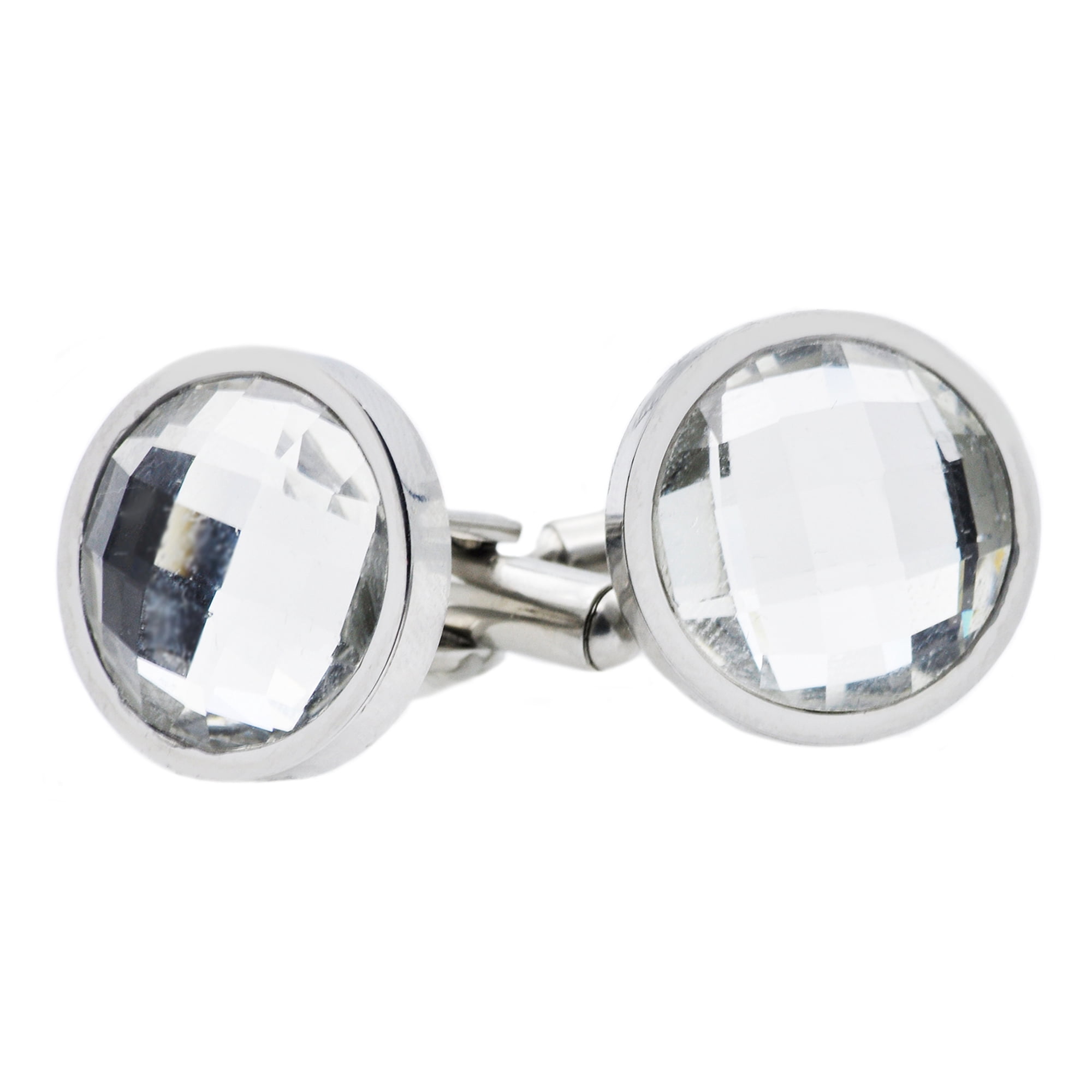 Arista Round Clear Crystals Men's Cuff Links in Stainless Steel