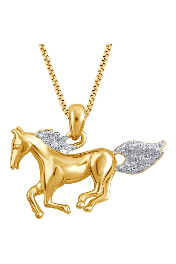 Round Diamond Accent 14K Gold-Tone Women's Horse Pendant in Brass, 18"