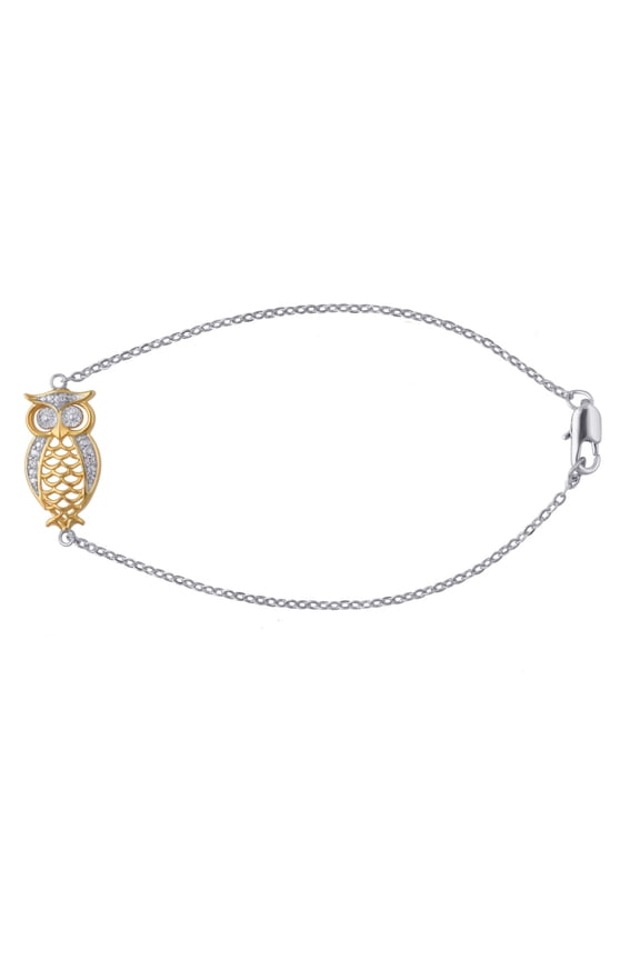 Round Diamond Accent Women's Owl Charm Bracelet in Two Tone over Brass, 7"