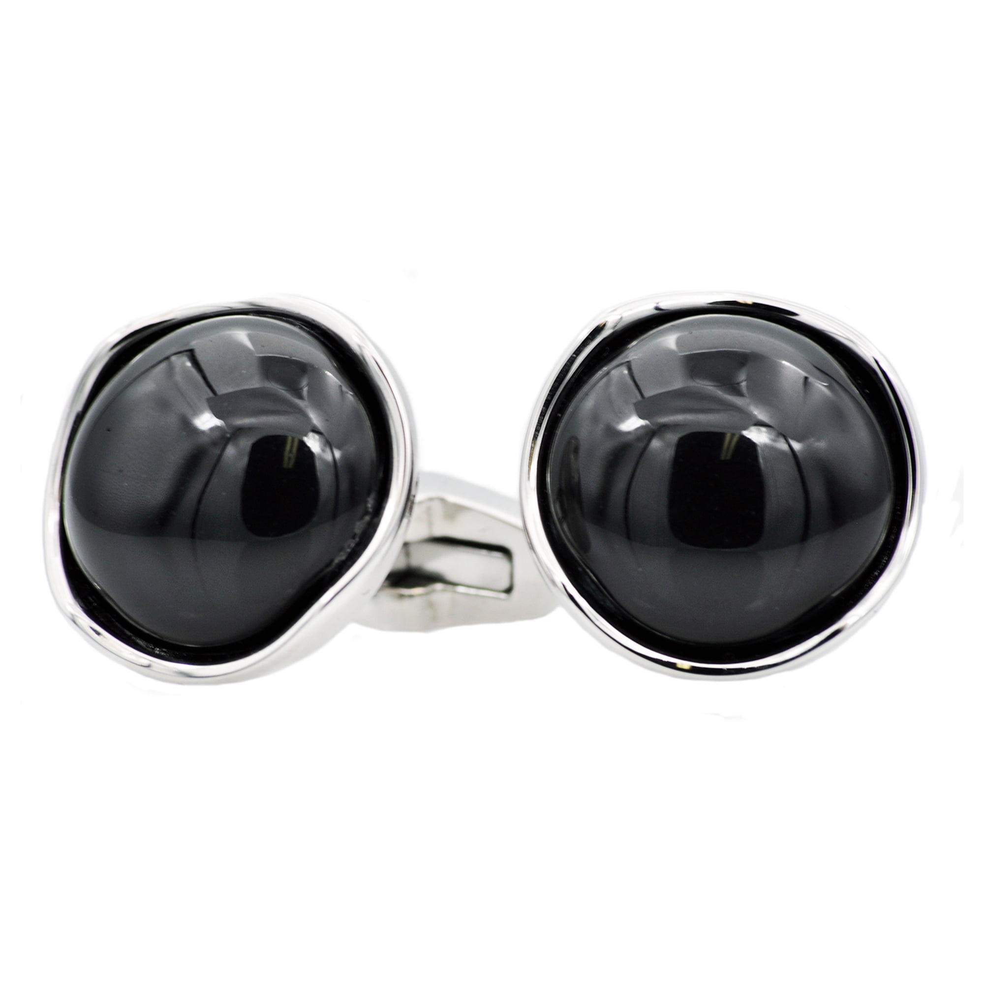 Arista Round Genuine Black Onyx Men's Cuff Links in Stainless Steel White