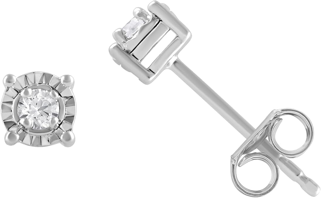 BEYOND BRILLIANCE Sterling Silver 1/10 Carat Round Natural Diamond Solitaire Stud Earrings for Women