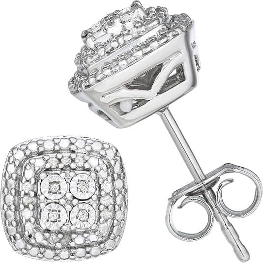 Beyond Brilliance Sterling Silver Halo Cushion Frame 1/10 Carat Round Natural Diamond Stud Earrings for Women