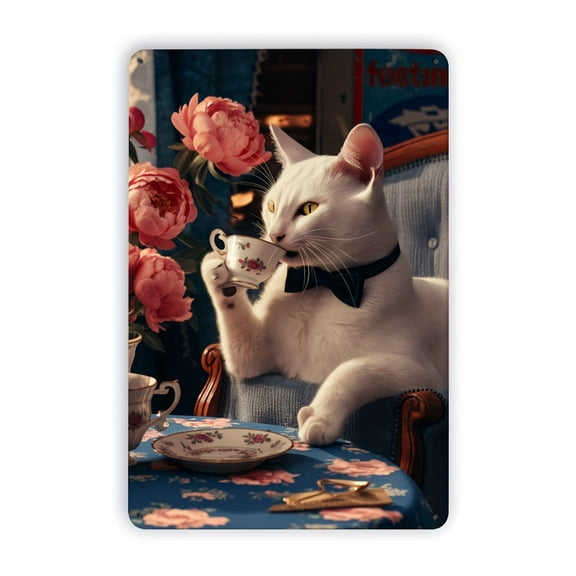 "Aristocat's Tea Time" Vintage Metal Plaque - A charming 8x12 inch wall decoration, perfect for kitchen and caf dcor, and also a great choice for room decor.