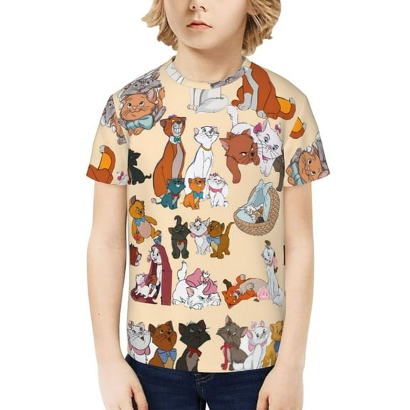 Aristocats Teenage T-Shirt Kids 3D Print Graphic Shirts Summer Round Neck Short Sleeve Funny Cartoon Casual Top Tees for Youth Boys Girls