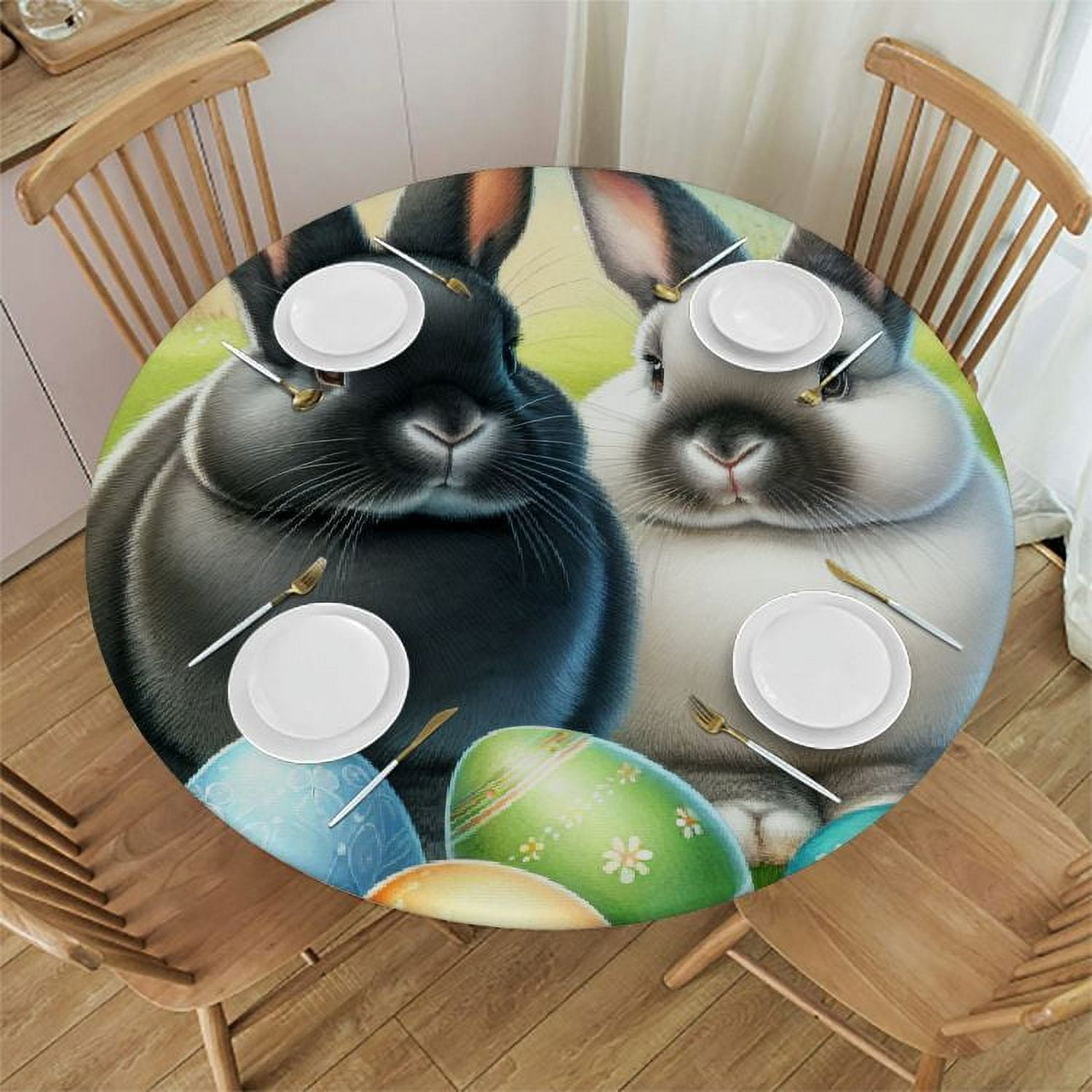 Aristuring Easter Eggs Rabbits Flowers Round Tablecloth 100 Polyester