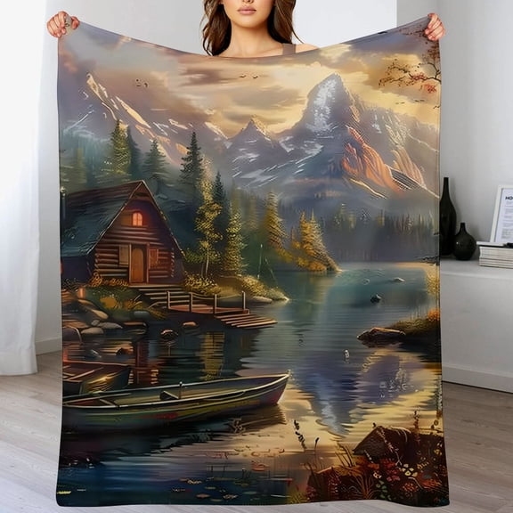 Aristuring Fall Decor Gift Cabin by the Lake Warm Cozy Decorative Blanket - Durable Soft and Warm Flannel Blanket 60x80in