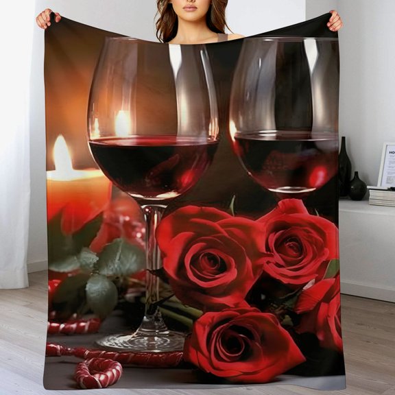 Aristuring Fleece Throw Blanket for Couch, Sofa, and Bed - Roses Candles Wine Glasses Theme Durable Soft Warm Flannel Blanket Various Sizes 60x80in