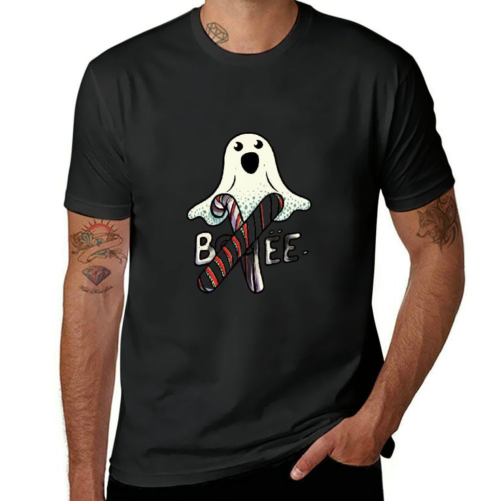 Aristuring Ghost Candy Cane Spooky Black TShirt Men Short Sleeve Tee