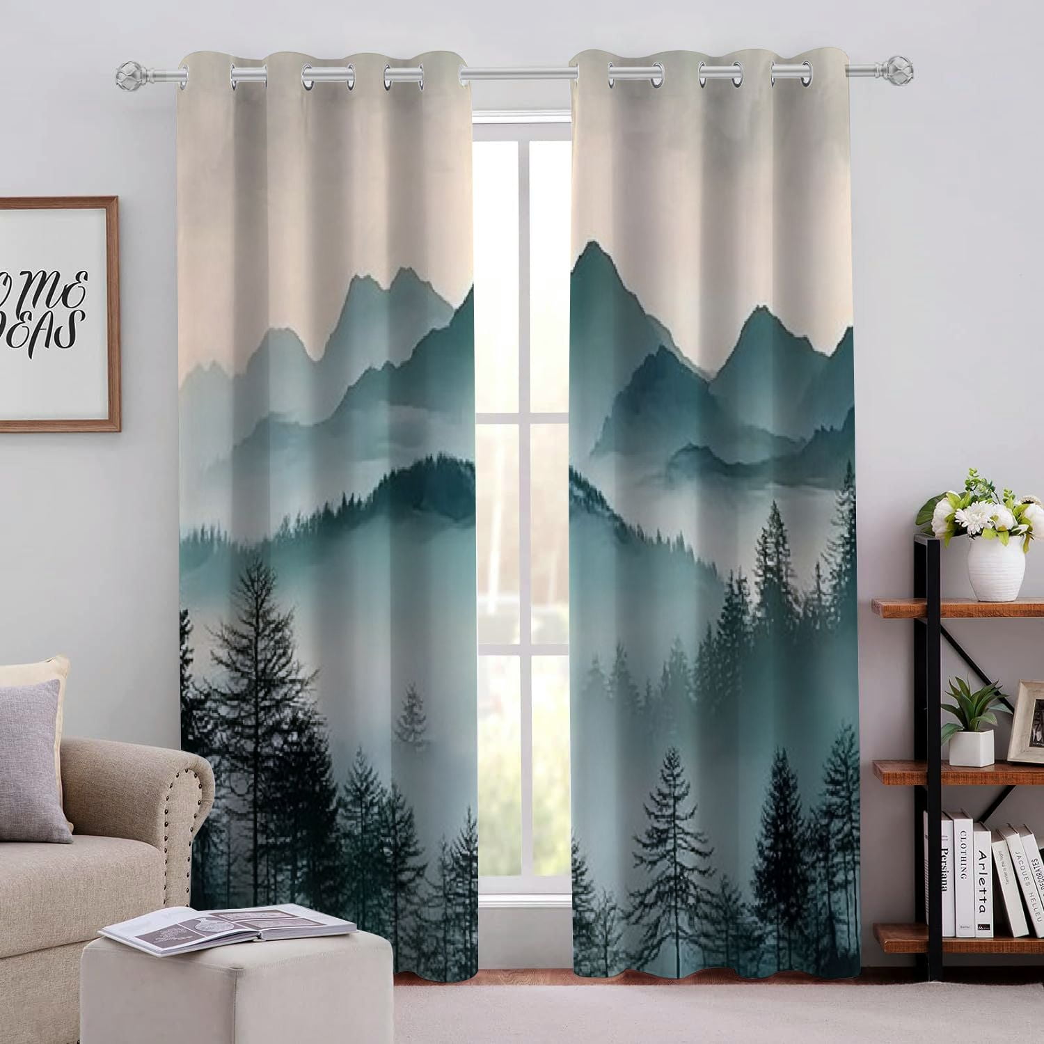 Aristuring Mountain Trees Fog Perforated Blackout Curtains 2Pack Light