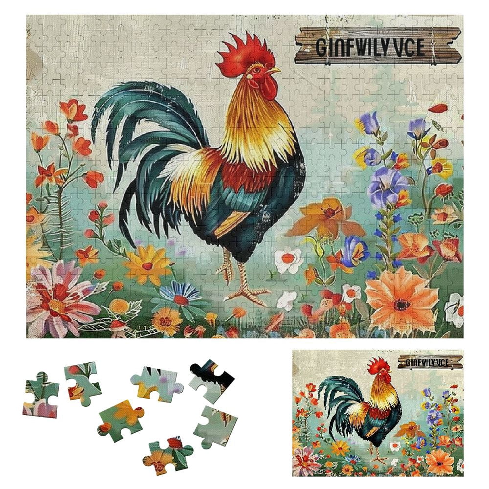 Jiayy Rooster Flowers Whimsical Wooden Jigsaw Puzzle for Adults and ...